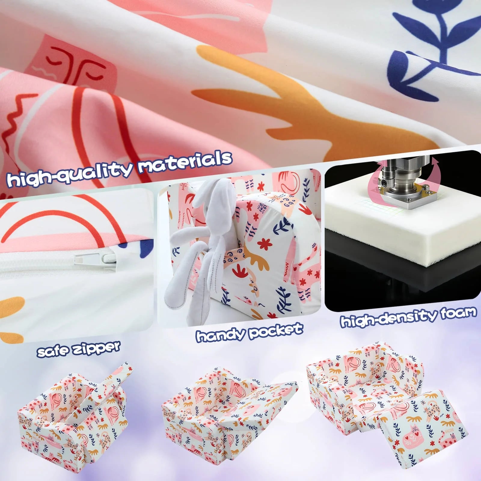 Glowsofa's children's couch chair with Cat patterns has sate zipper, handy pocket, high density foam