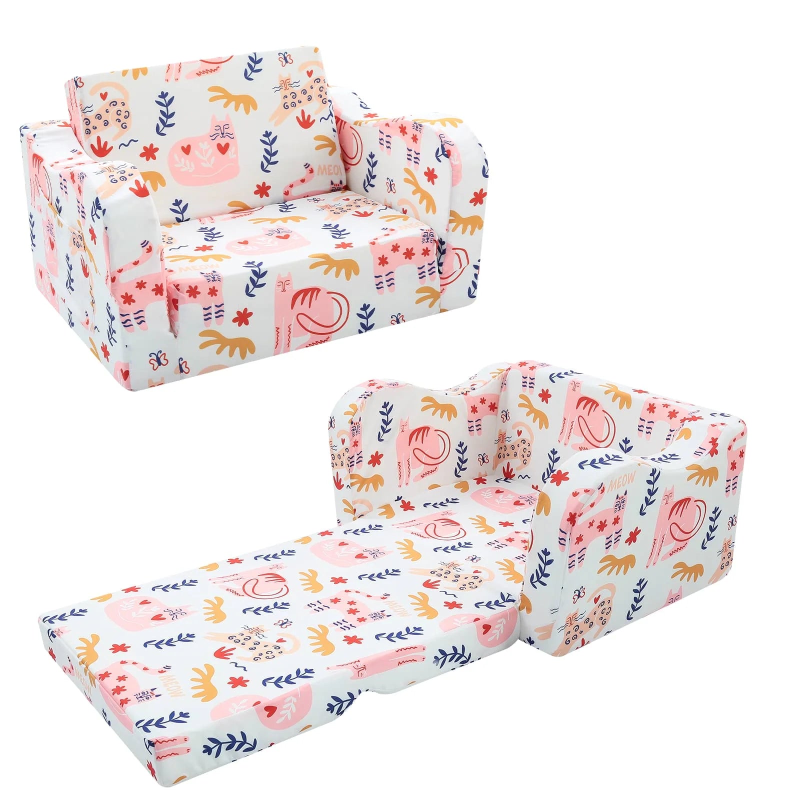 Glowsofa's Children's fold out sofa with Cat patterns unfolded and folded under