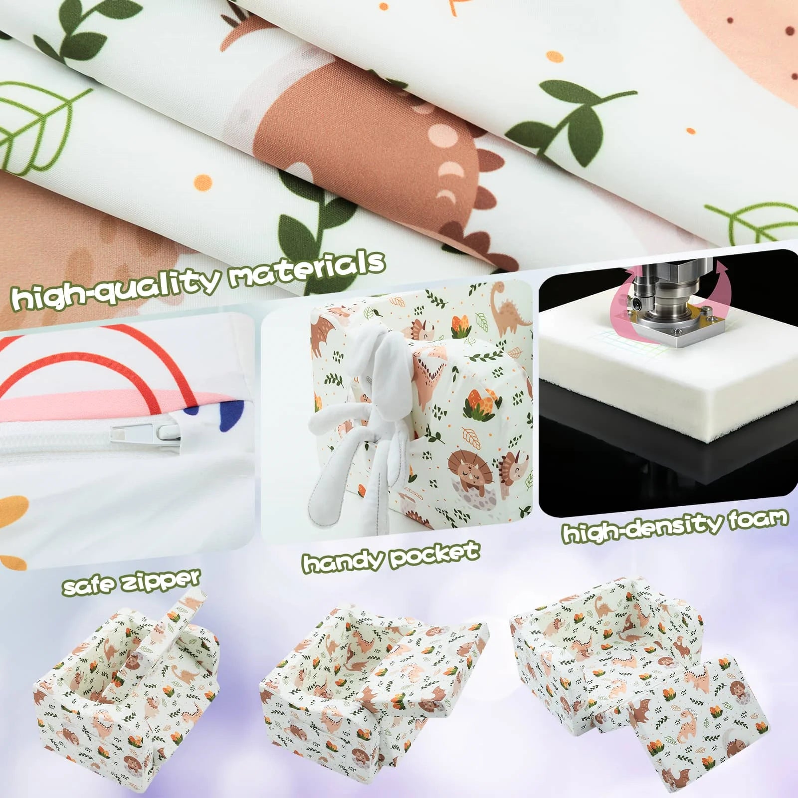 Glowsofa's children's couch chair with Dinosaur patterns has sate zipper, handy pocket, high density foam