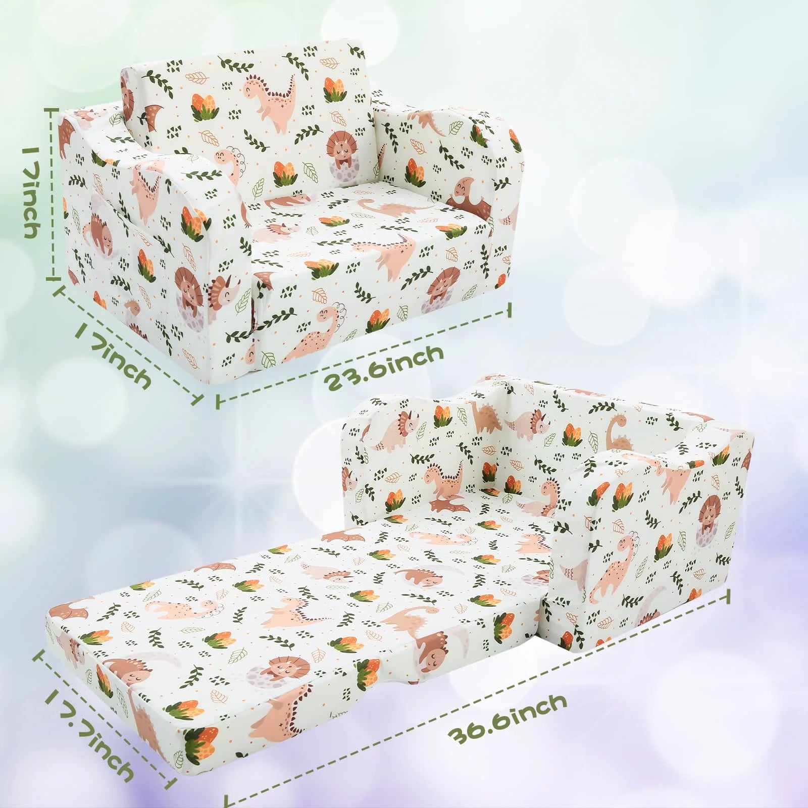 This kids pull-out couch with Dinosaur patterns is 23.6 x 17 x 17 inches, unfolded kids sofa bed is 36.6 x 17.7 x 12 inches