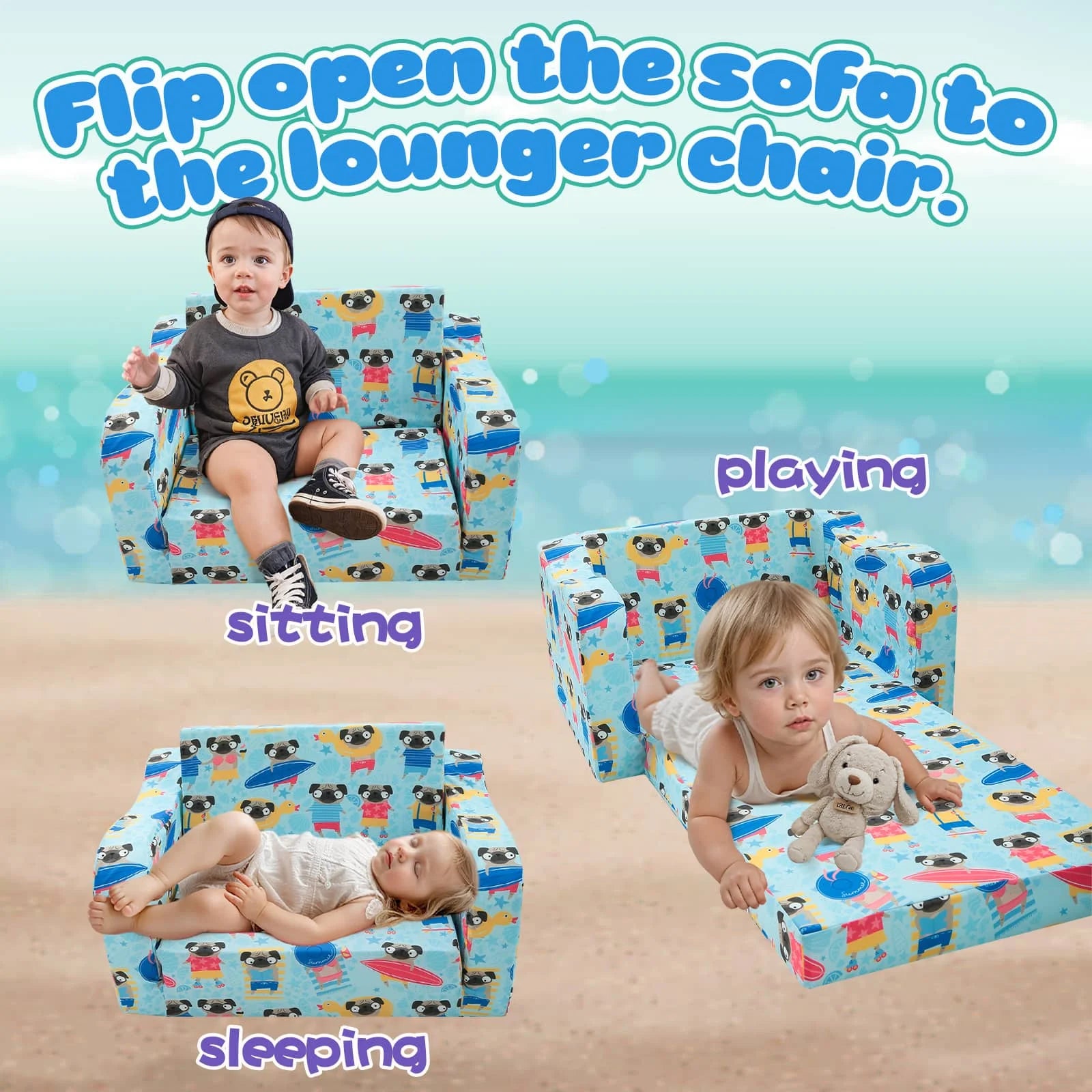 Glowsofa's children's couch chair with Dog patterns unfolds to become a lounger chair.