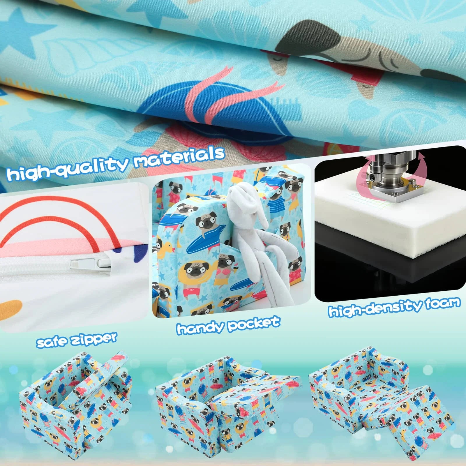 Glowsofa's children's couch chair with Dog patterns has sate zipper, handy pocket, high density foam