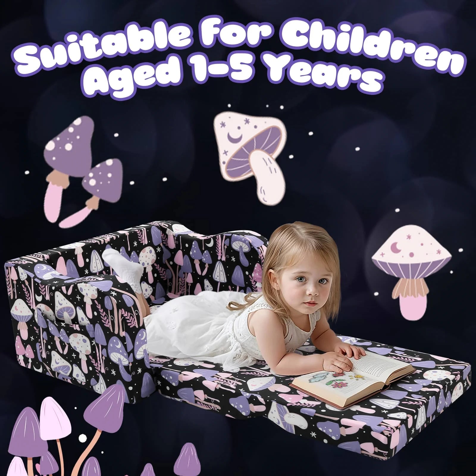 The Glowsofa's fold out chair bed with Mushroom patterns Suitable for 1 to 5 year olds