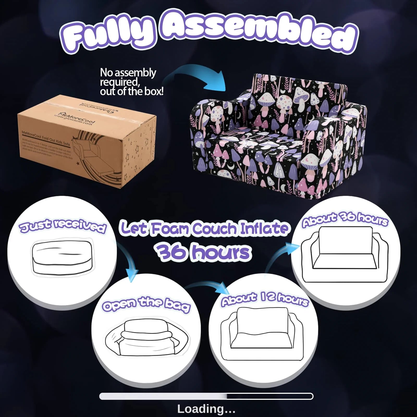 This Glowsofa's kids sofa with Mushroom patterns no assembly required and can be returned to its original state after being received and left open for 36 hours