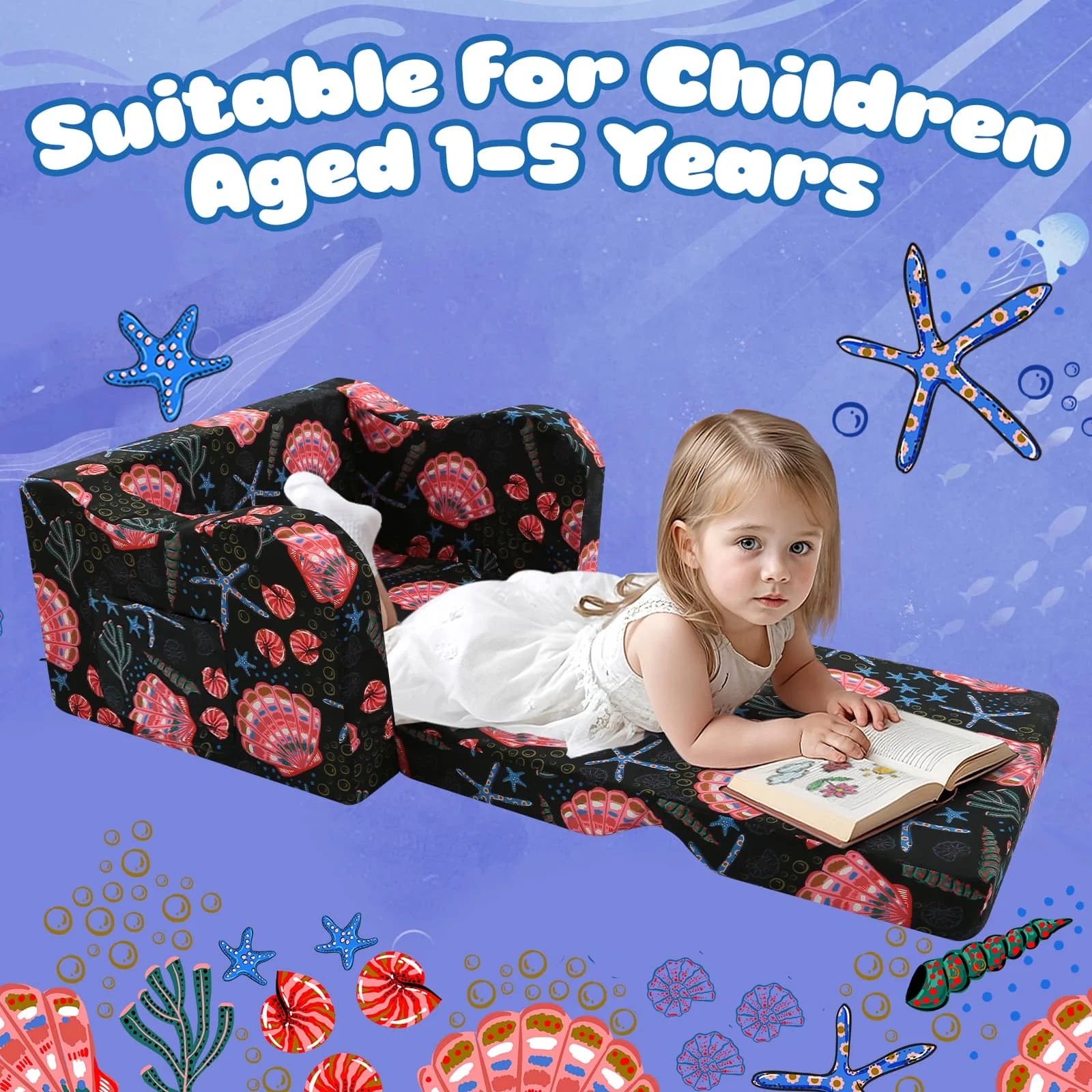The Glowsofa's fold out chair bed with Seashell patterns Suitable for 1 to 5 year olds