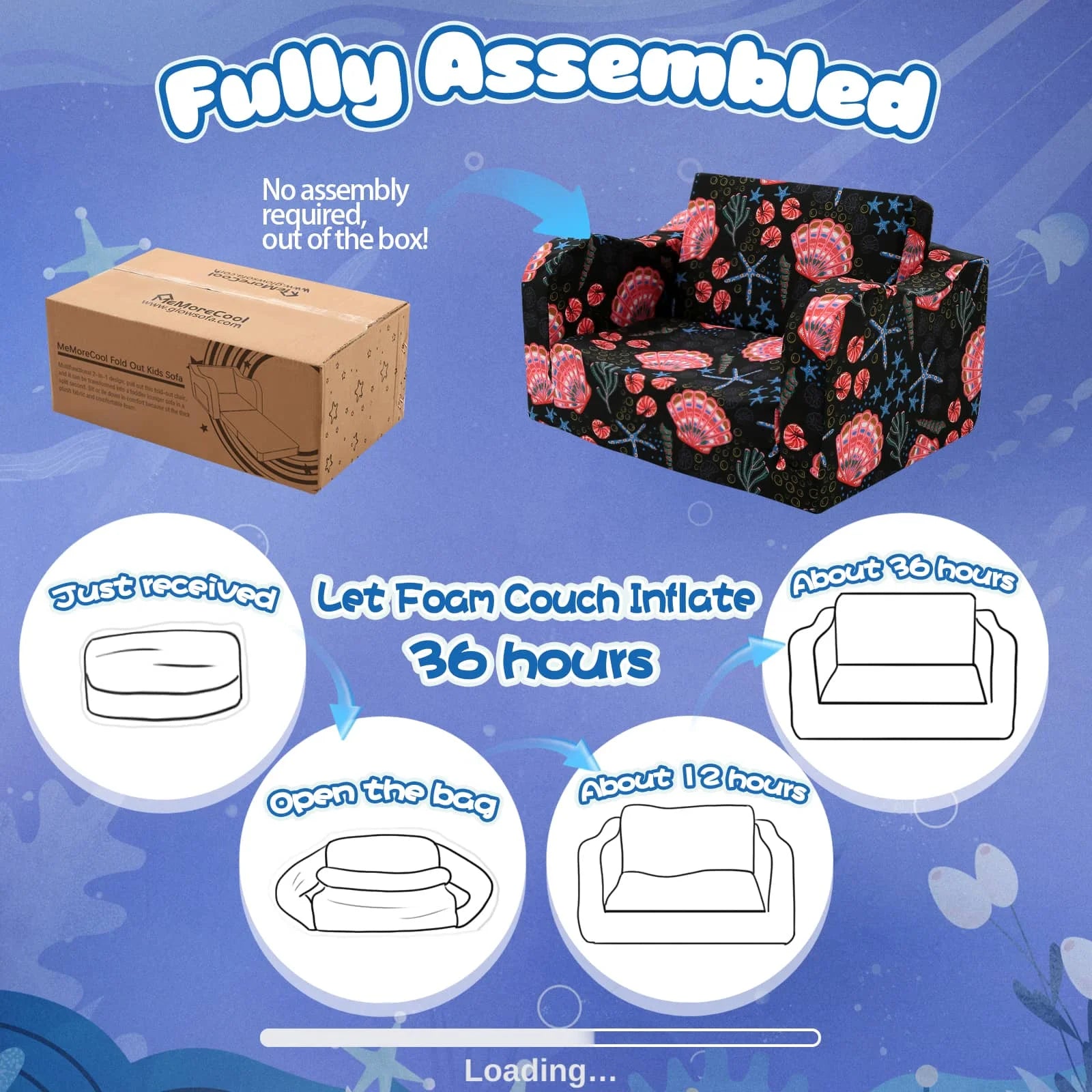 This Glowsofa's kids sofa with Seashell patterns no assembly required and can be returned to its original state after being received and left open for 36 hours