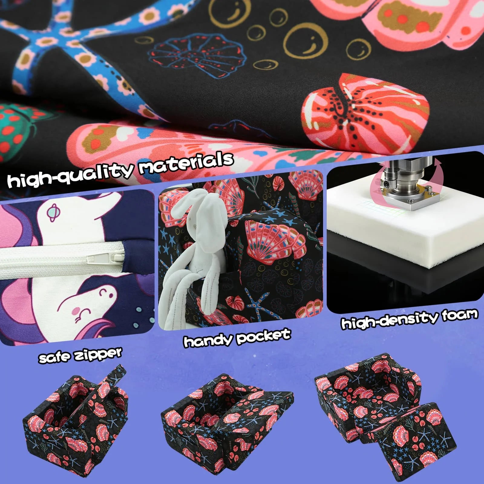 Glowsofa's children's couch chair with Seashell patterns has sate zipper, handy pocket, high density foam