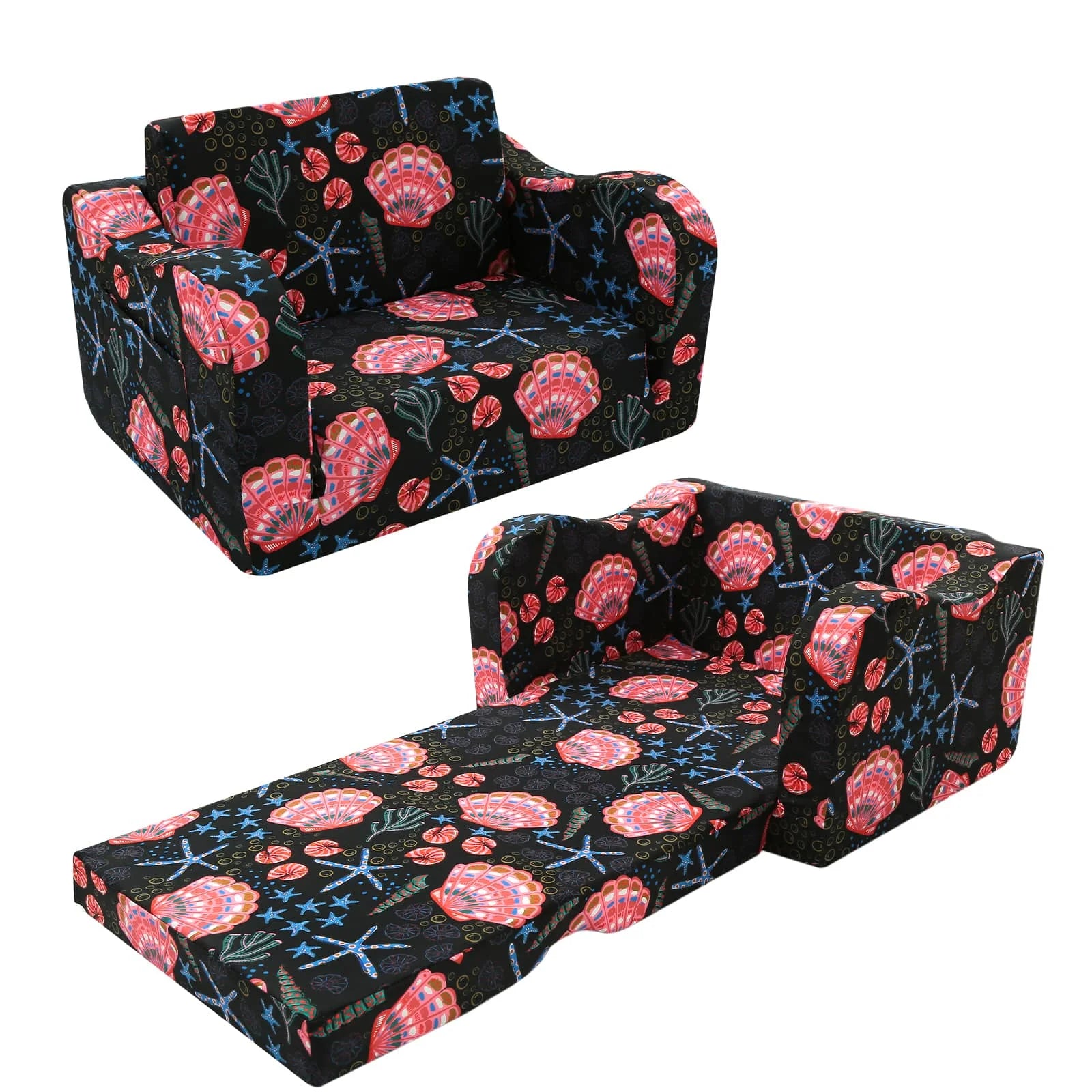 Glowsofa's Children's fold out sofa with Seashell patterns unfolded and folded under