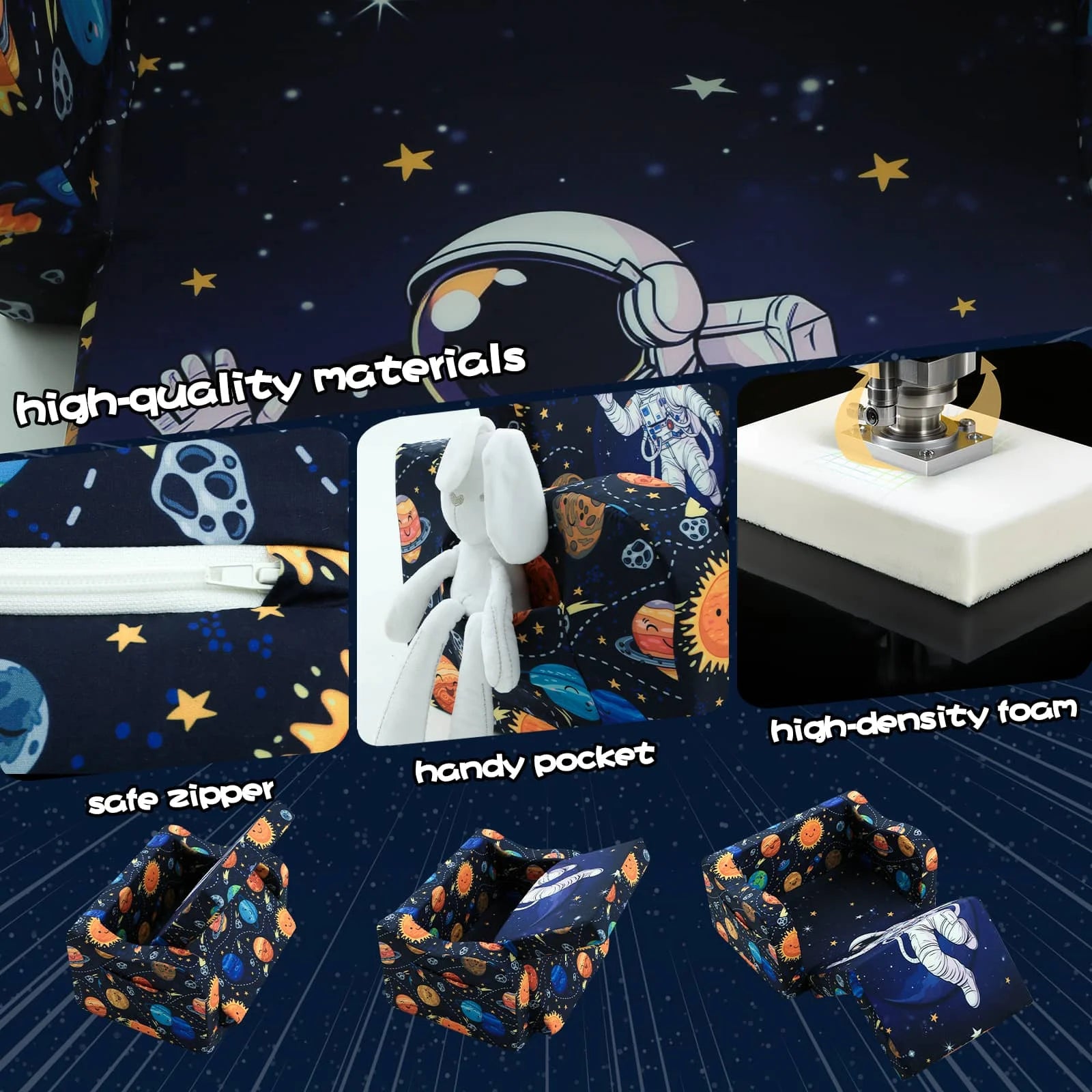 Glowsofa's children's couch chair with Astronaut patterns has sate zipper, handy pocket, high density foam