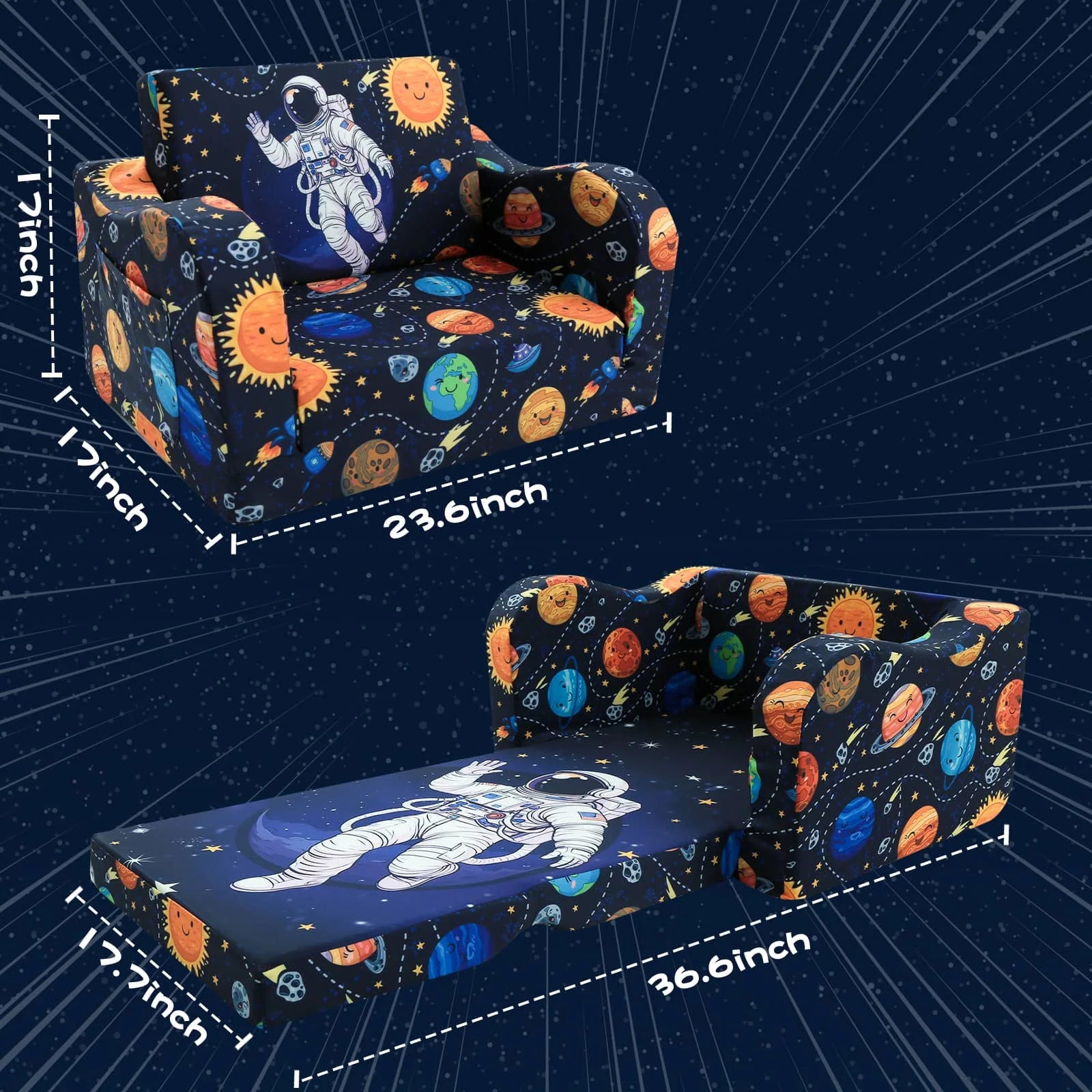This kids pull-out couch with Astronaut patterns is 23.6 x 17 x 17 inches, unfolded kids sofa bed is 36.6 x 17.7 x 12 inches