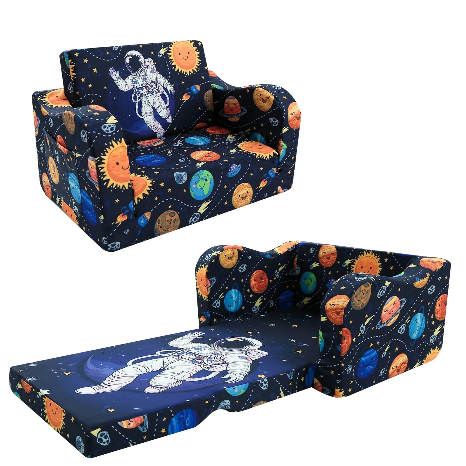 Glowsofa's Children's fold out sofa with Astronaut patterns unfolded and folded under