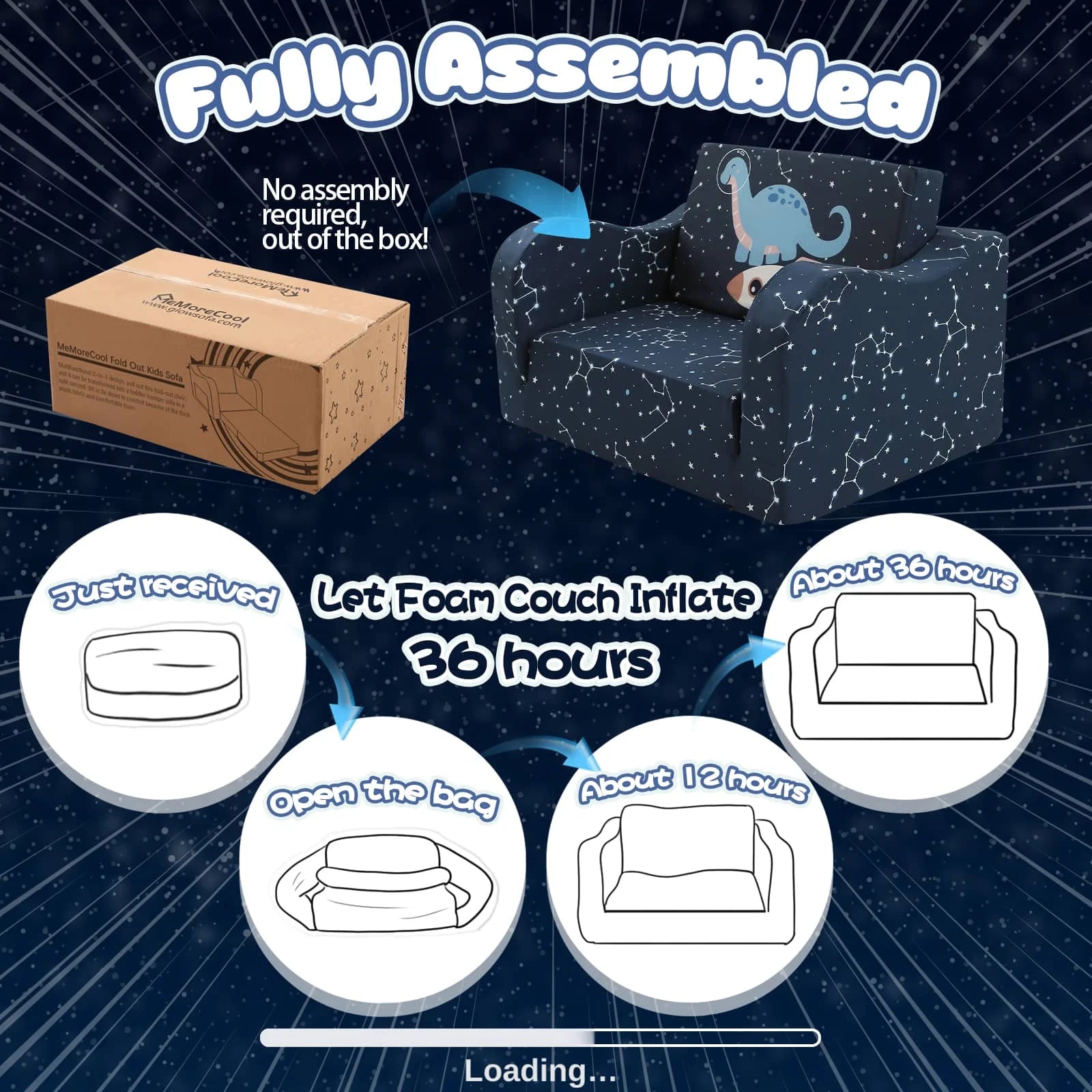 This Glowsofa's kids sofa with Space Dinosaur patterns no assembly required and can be returned to its original state after being received and left open for 36 hours