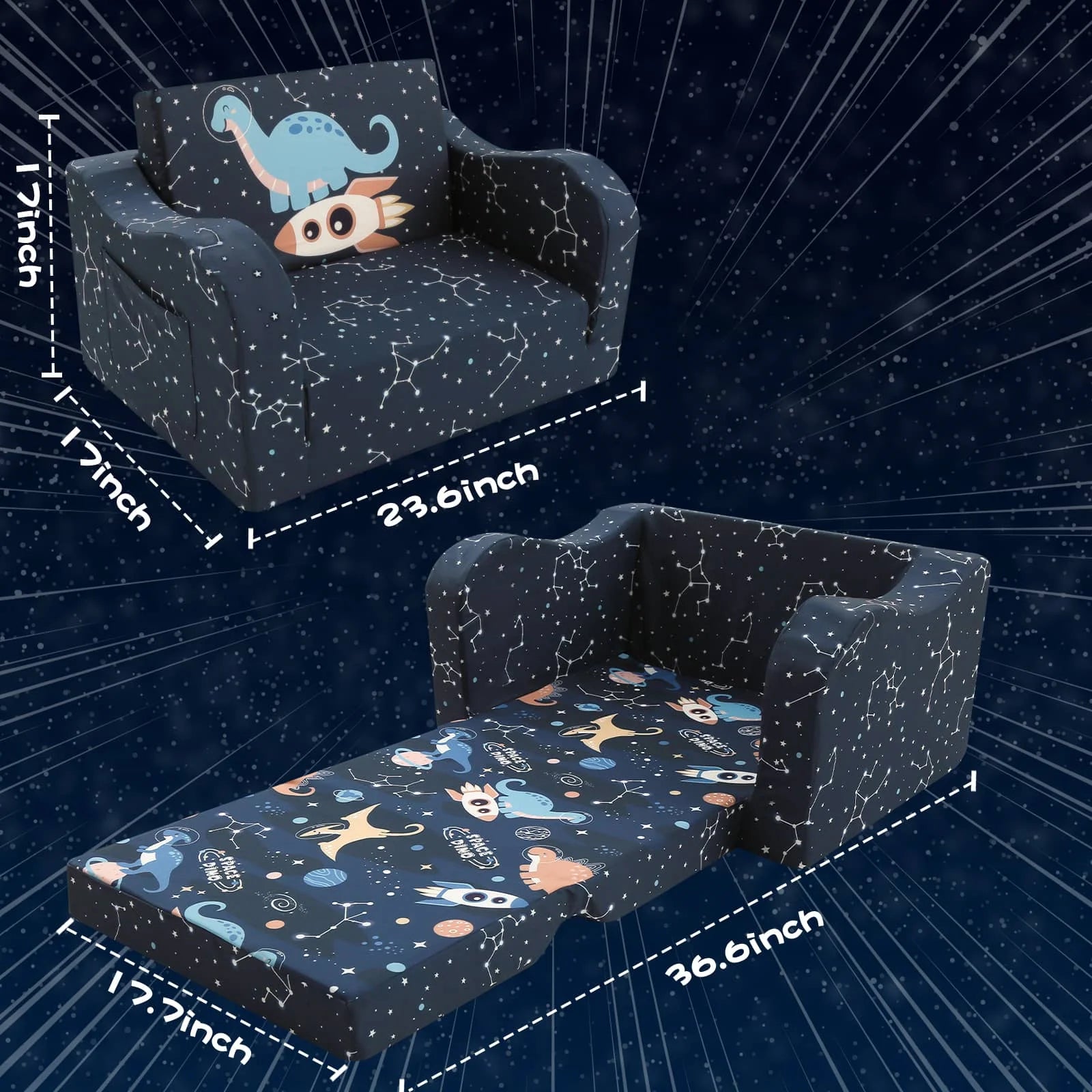 This kids pull-out couch with Space Dinosaur patterns is 23.6 x 17 x 17 inches, unfolded kids sofa bed is 36.6 x 17.7 x 12 inches