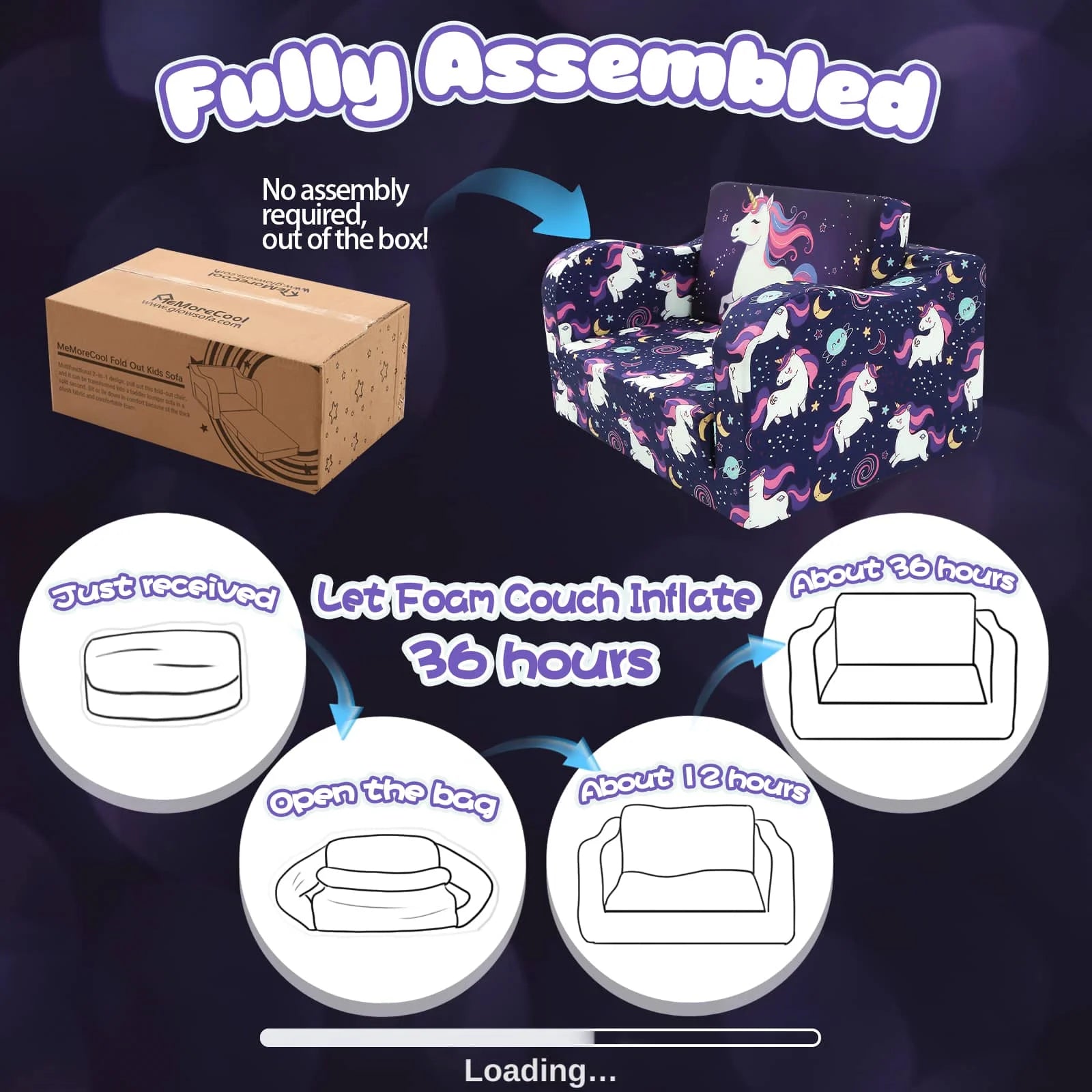 This Glowsofa's kids sofa with Unicorn patterns no assembly required and can be returned to its original state after being received and left open for 36 hours