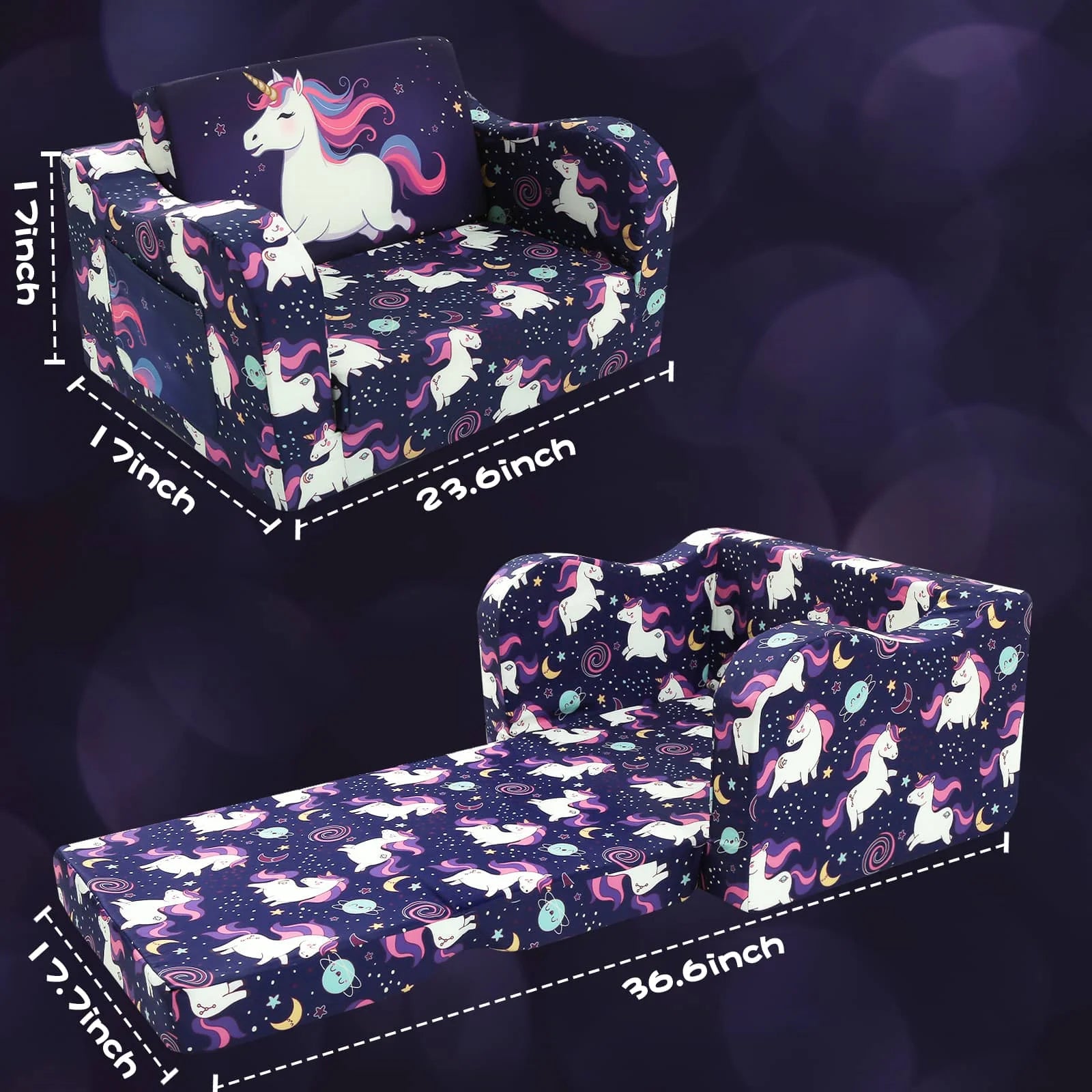 This kids pull-out couch with Unicorn patterns is 23.6 x 17 x 17 inches, unfolded kids sofa bed is 36.6 x 17.7 x 12 inches