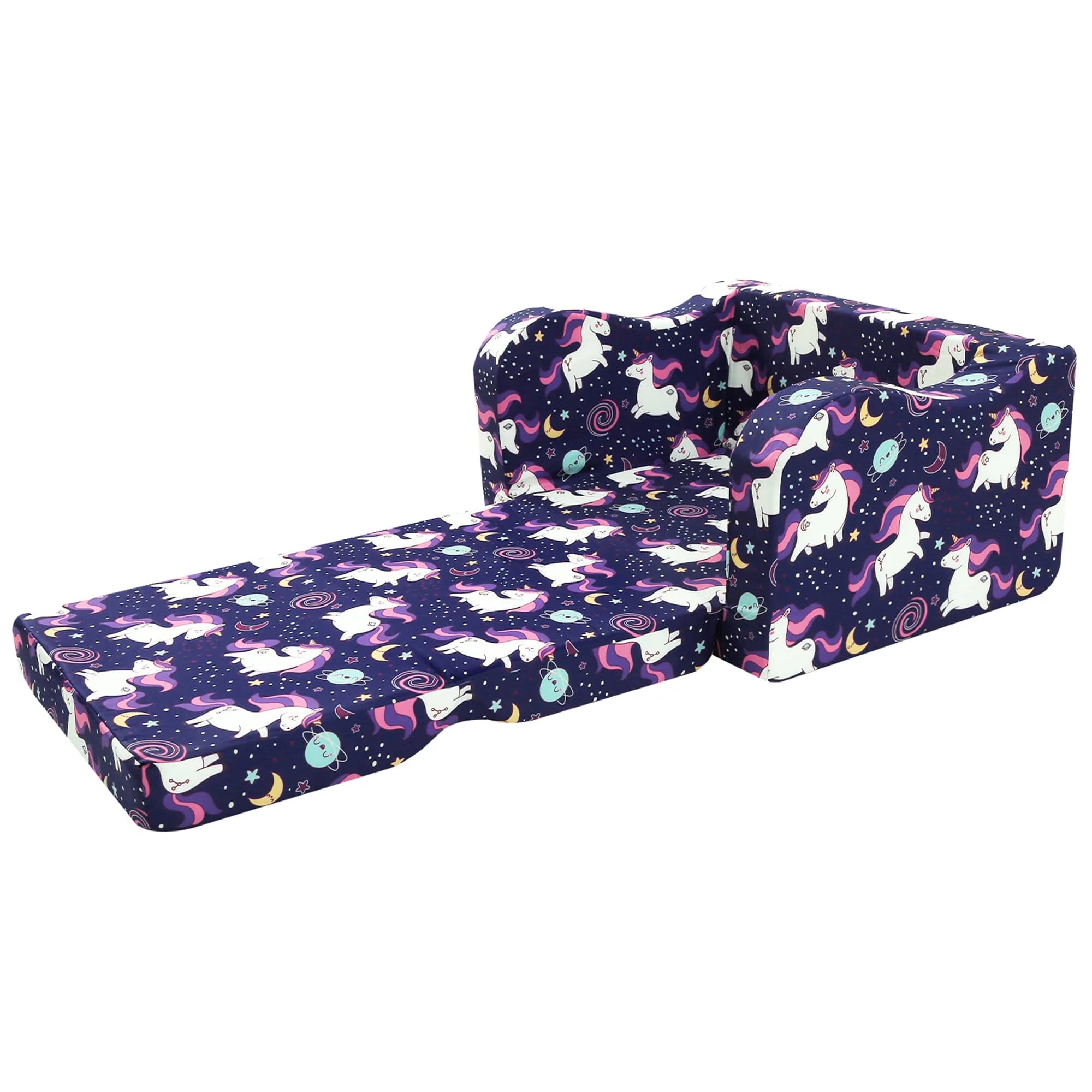 Expanded Glowsofa's Children's fold out sofa with Unicorn patterns