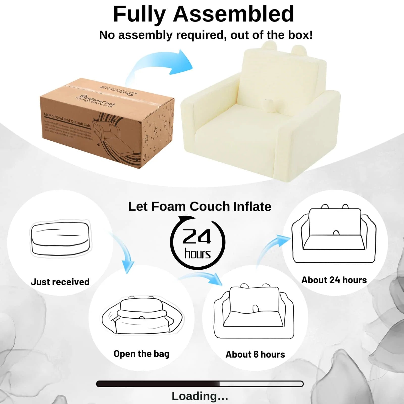 Children's fold out sofa-Beige requires no assembly and can be left open for up to 24 hours to return to its optimal condition.