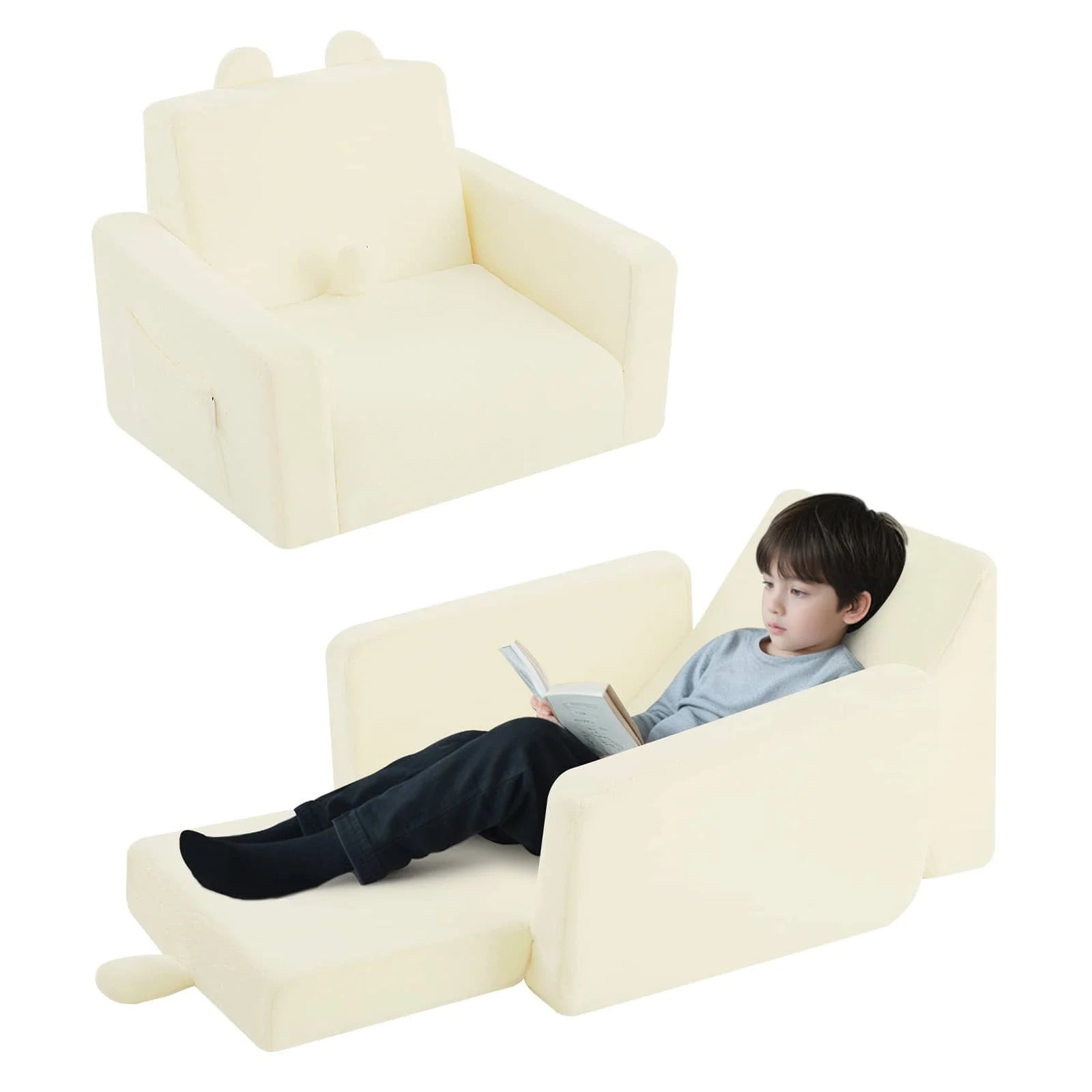 Children's fold out sofa-Beige can be unfolded and turned into a children's lounge chair.