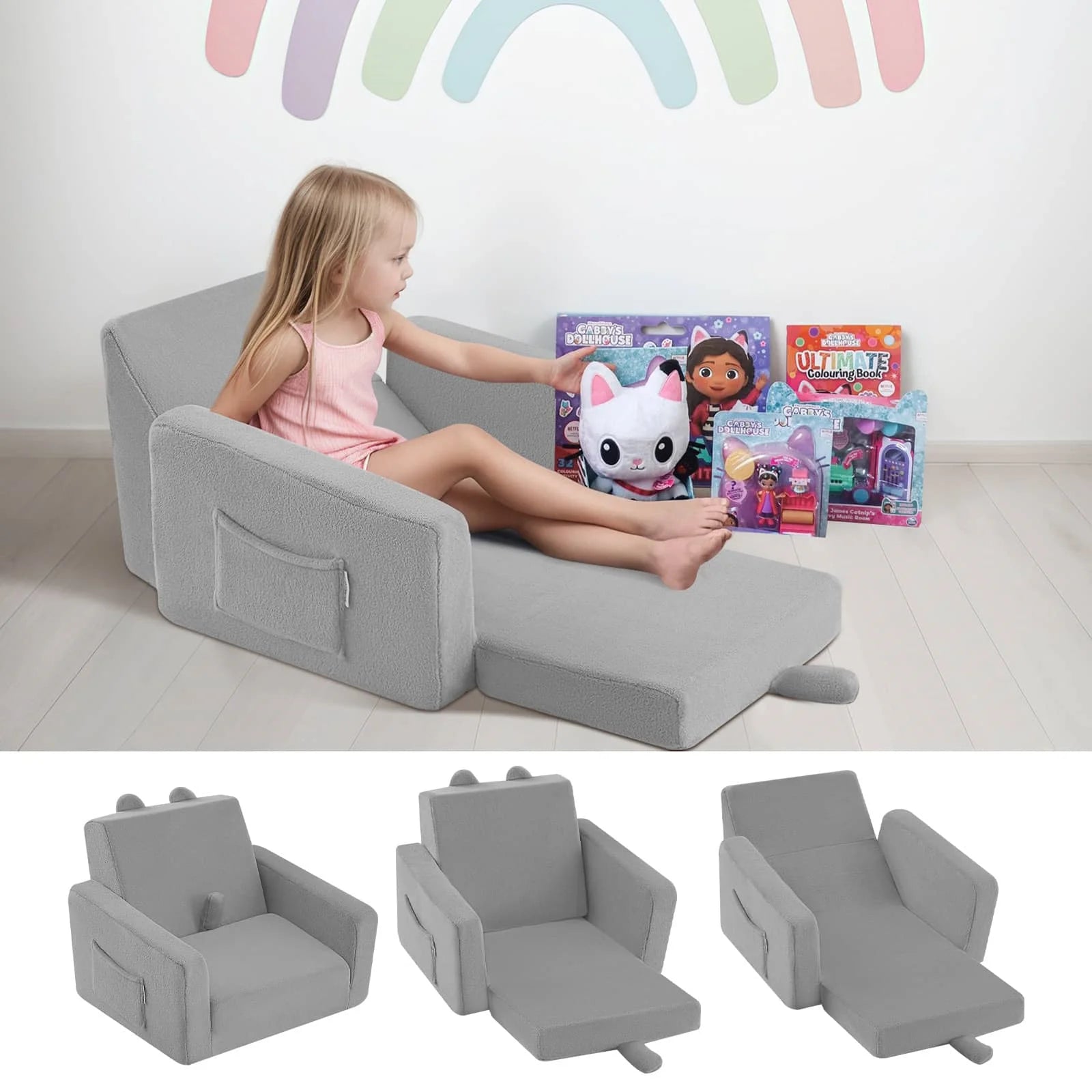 Children's fold out sofa-Grey is available in three forms