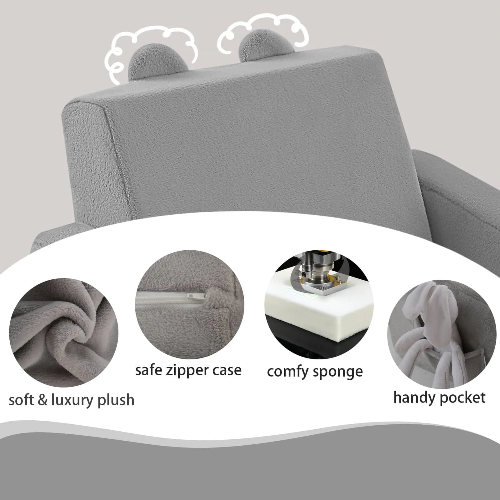 Children's fold out sofa-Grey features soft fabric, secure zipper, cozy foam, and side pockets.