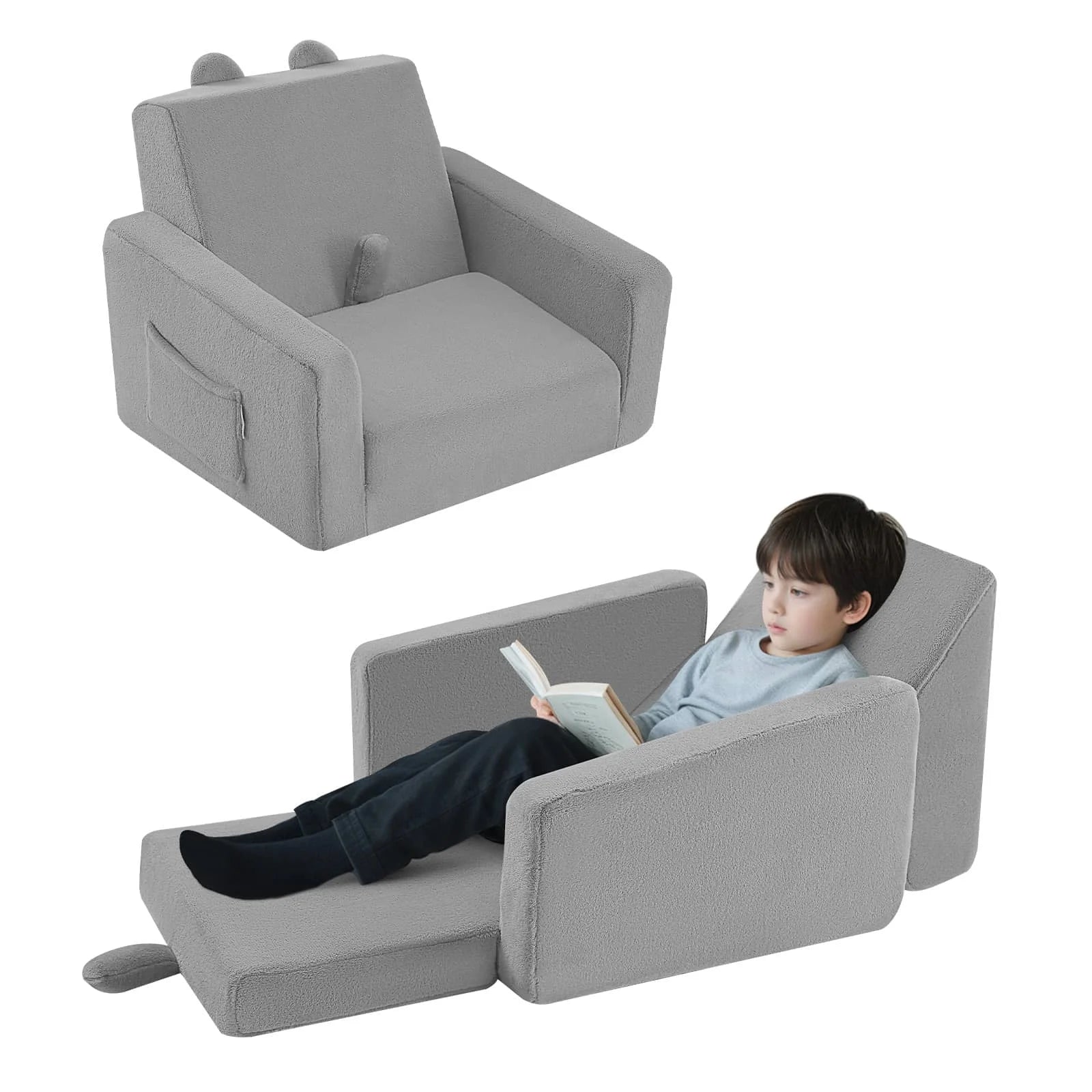 Children's fold out sofa-Grey can be unfolded and turned into a children's lounge chair.