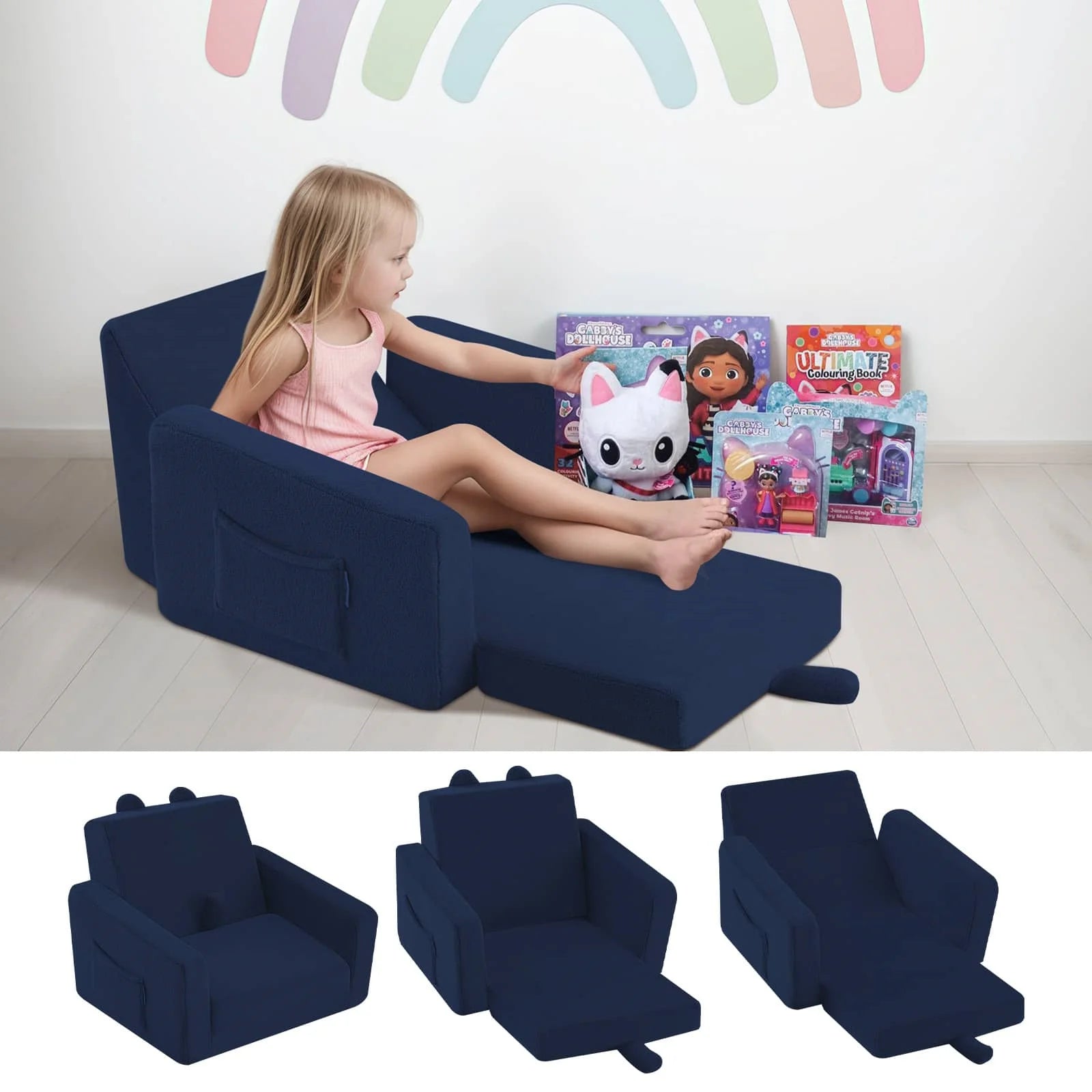 Children's fold out sofa-Navy is available in three forms