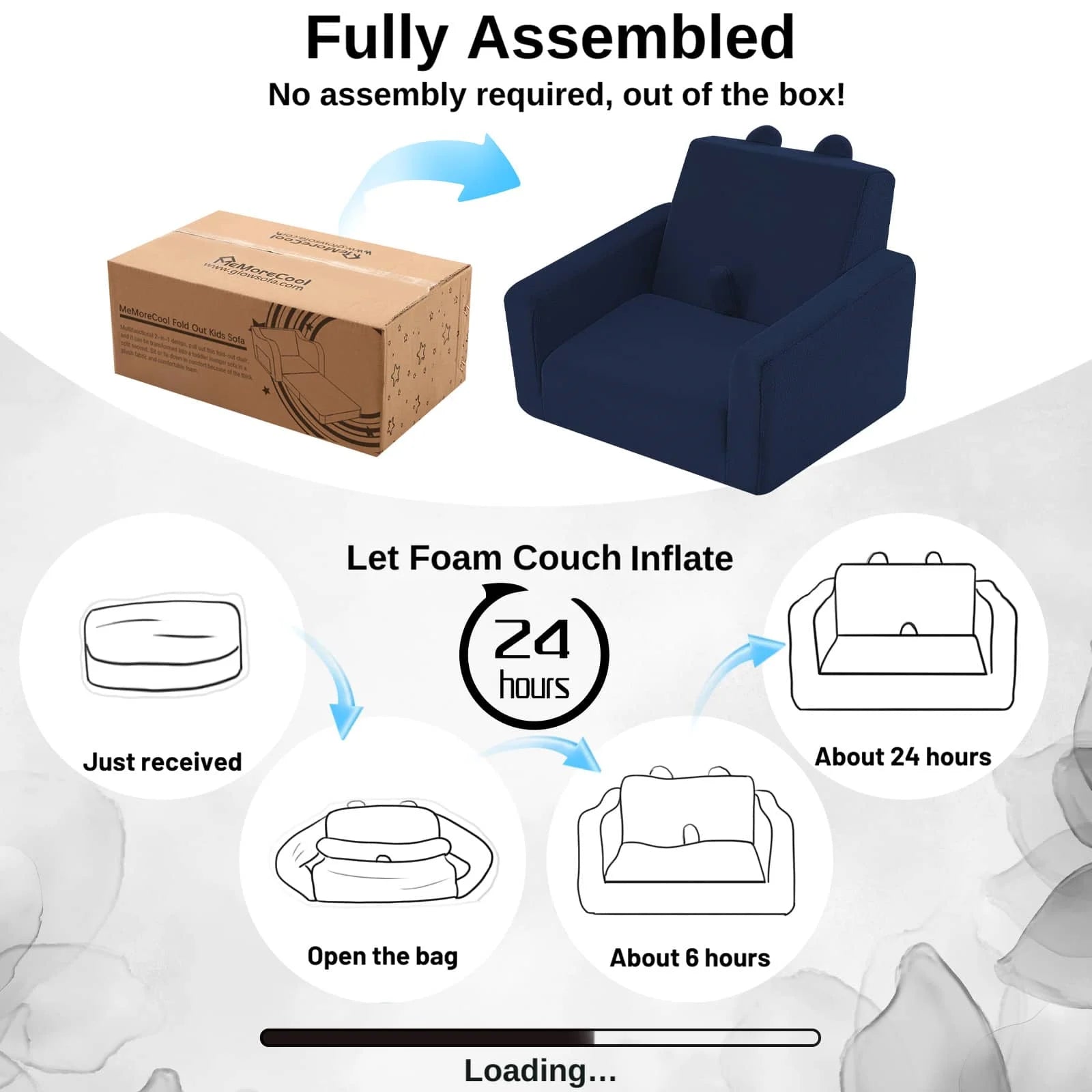 Children's fold out sofa-Navy requires no assembly and can be left open for up to 24 hours to return to its optimal condition.