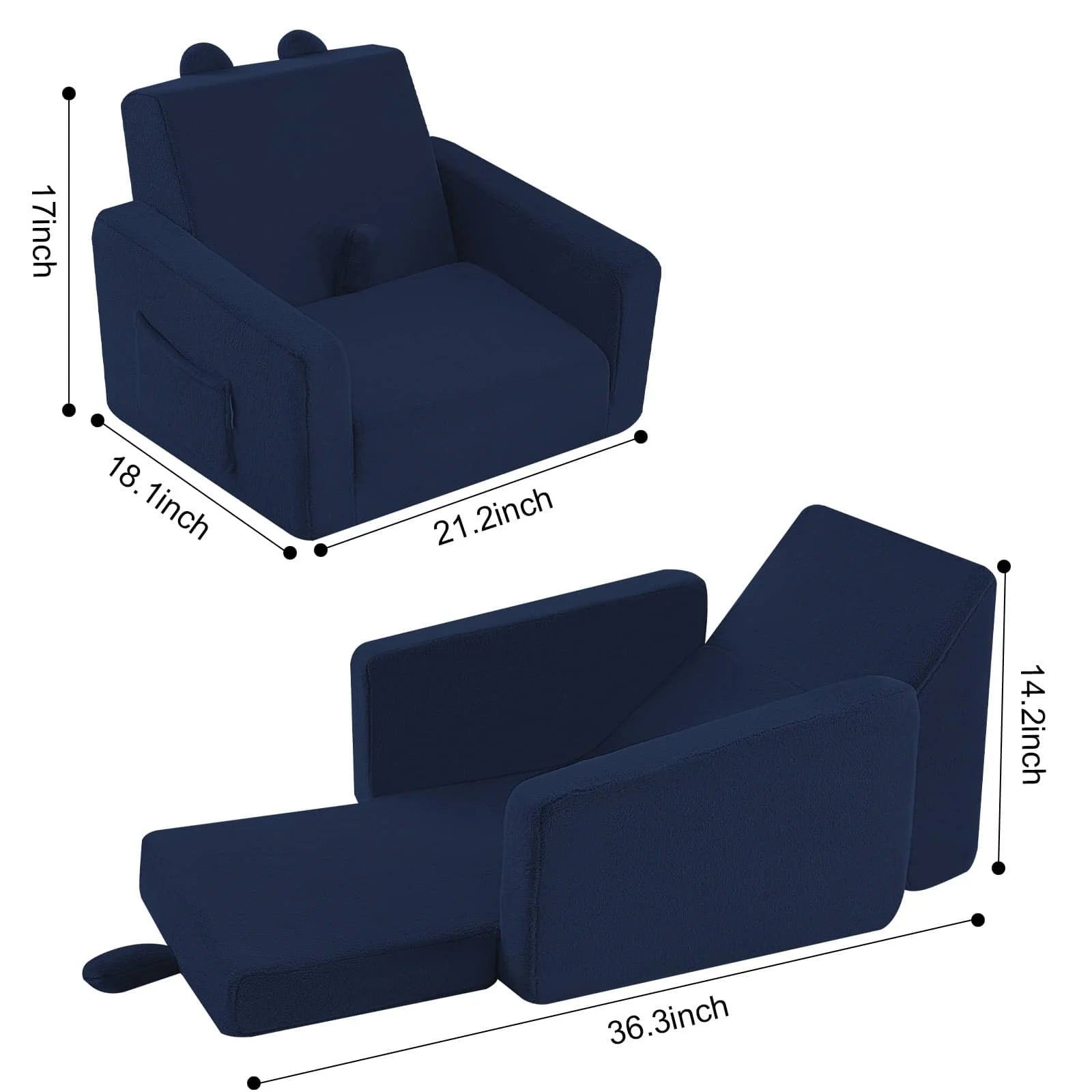 Children's fold out sofa-Navy measures 18.1 “D x 21.2 ‘W x 17 ’H
