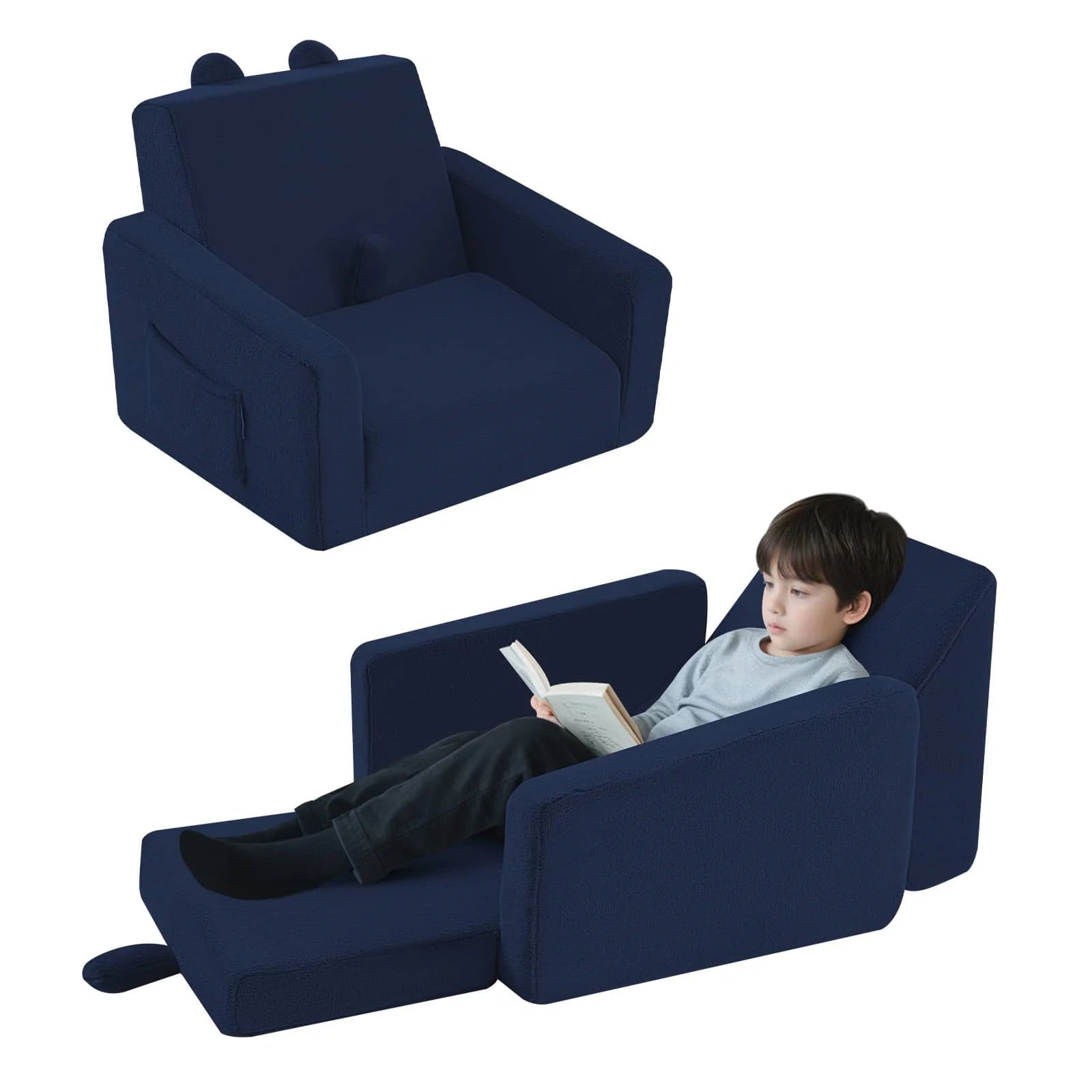 Children's fold out sofa-Navy can be unfolded and turned into a children's lounge chair.