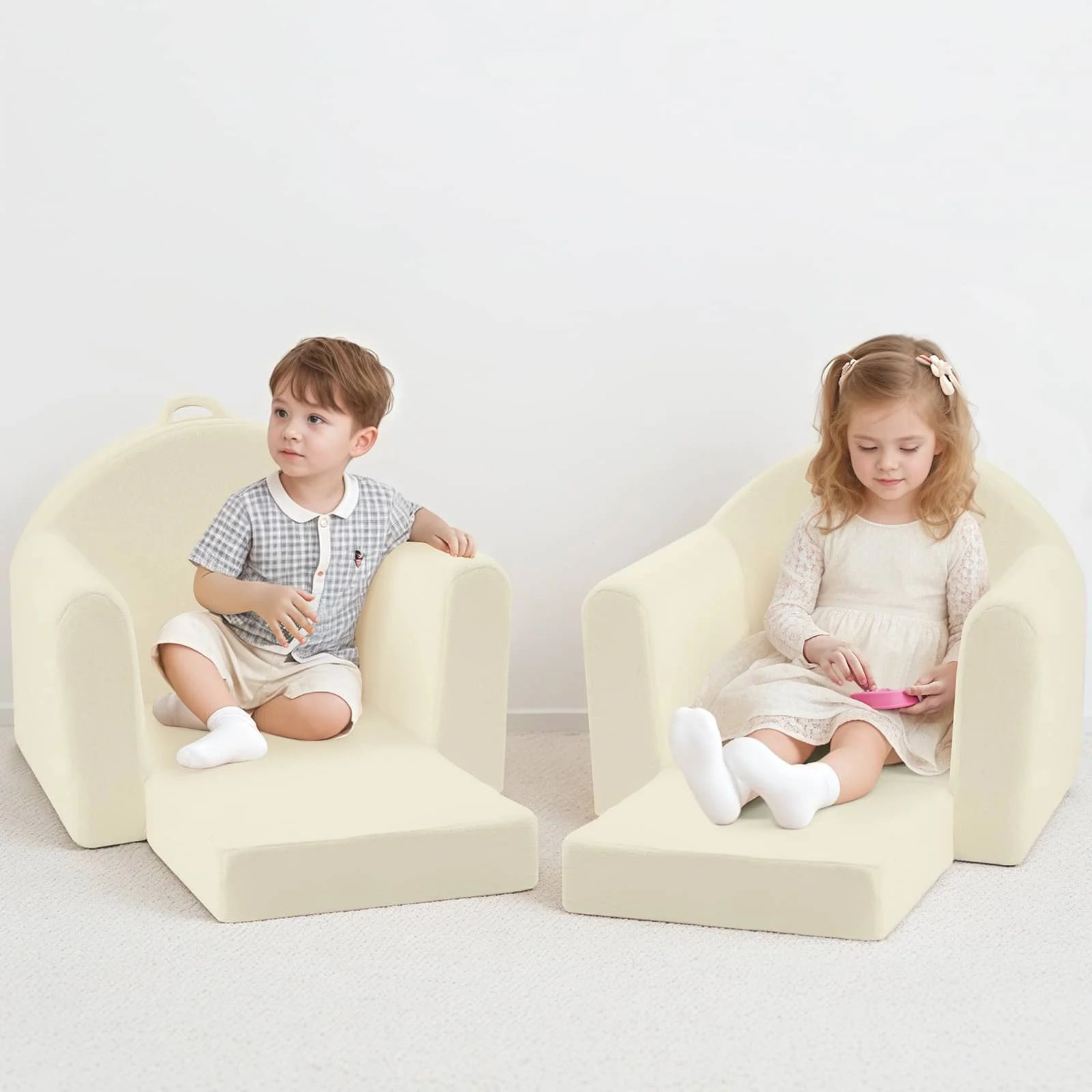 Girl and boy Sitting Glowsofa Kids Fold Out Couch-Beige