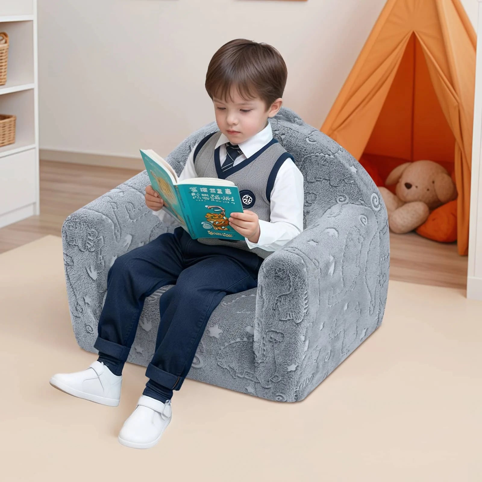 Boy Sitting Glowsofa Kids Fold Out Couch-Dinosaur Reading