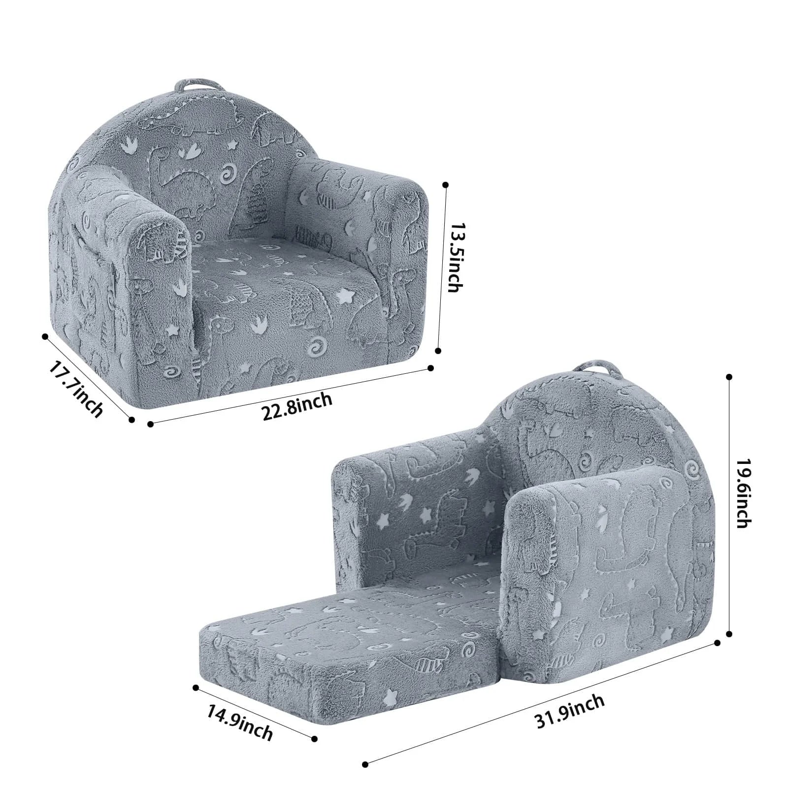 Dimensions of the Glowsofa Kids Fold Out Couch-dino: 17.7 “D x 22.8 ‘W x 19.6 ’H