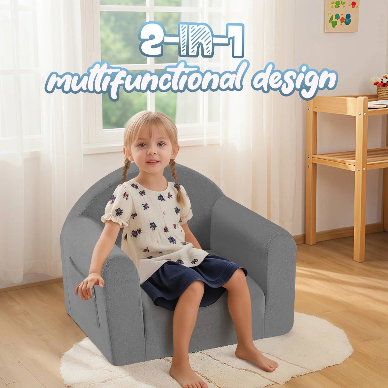 Glowsofa Kids Fold Out Couch-grey 2-in-1 Designs