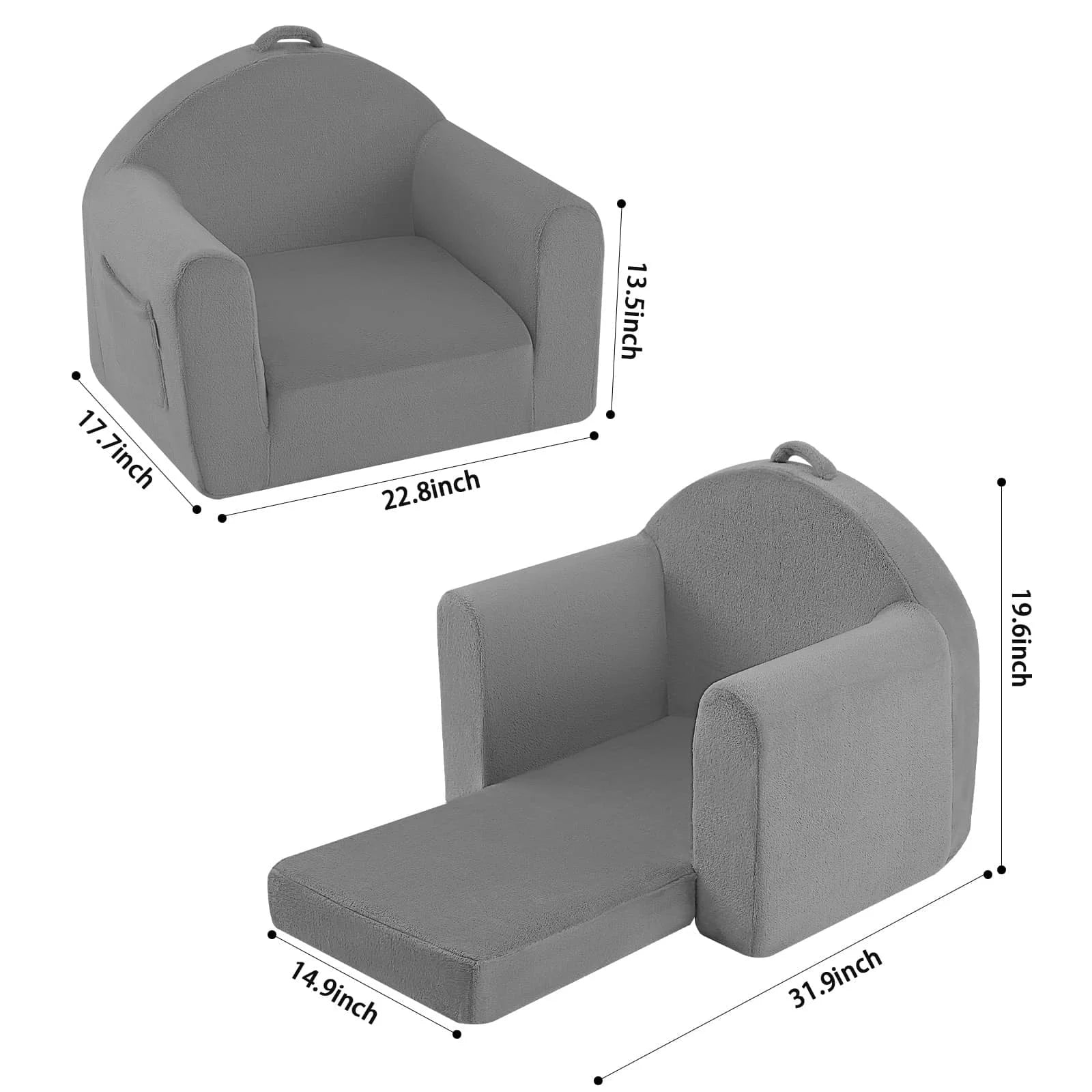 Dimensions of the Glowsofa Kids Fold Out Couch-Grey: 17.7 “D x 22.8 ‘W x 19.6 ’H