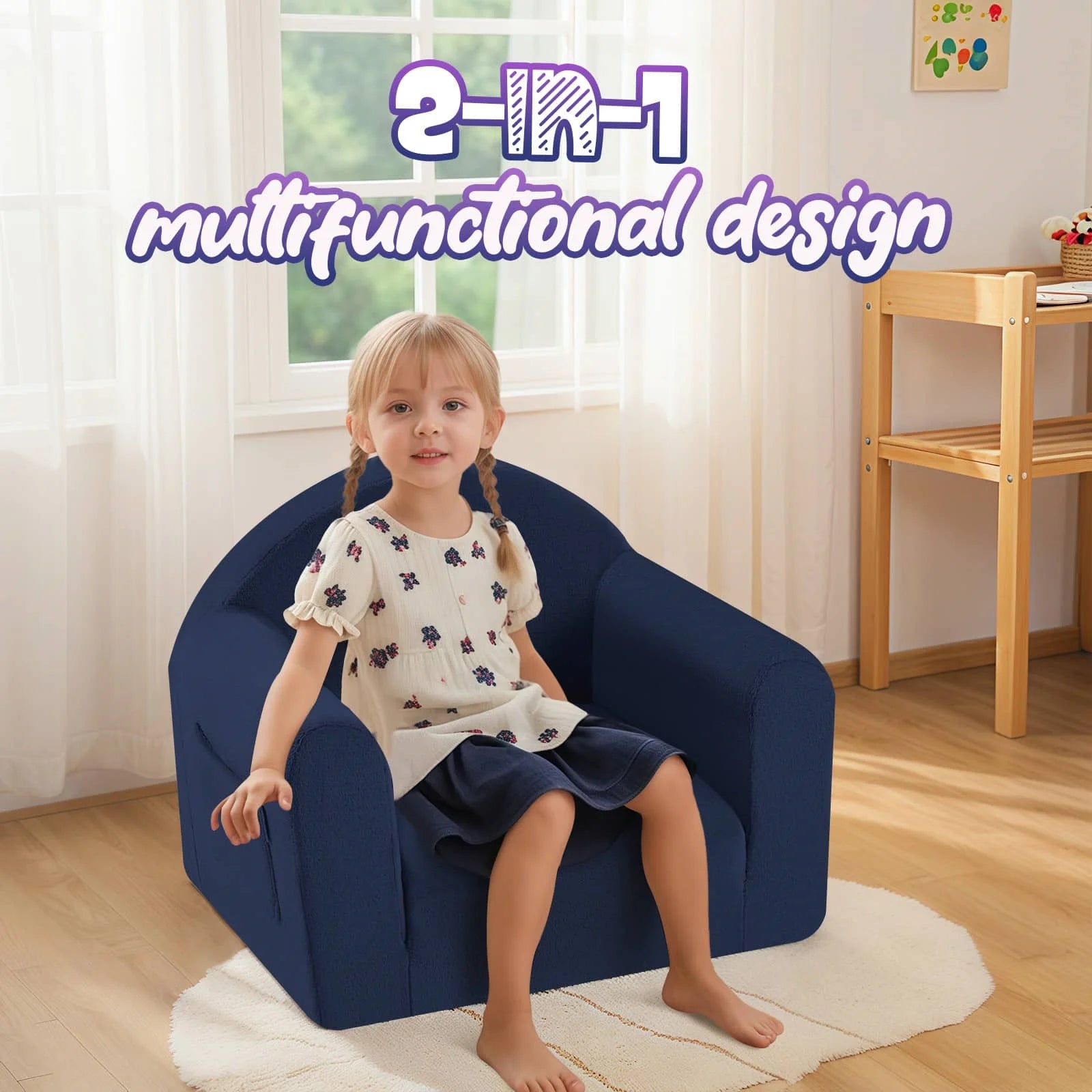 Glowsofa Kids Fold Out Couch-Navy Blue 2-in-1 Designs