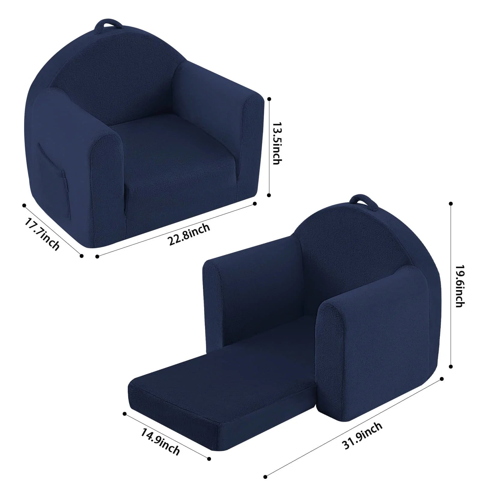 Dimensions of the Glowsofa Kids Fold Out Couch-Navy Blue: 17.7 “D x 22.8 ‘W x 19.6 ’H
