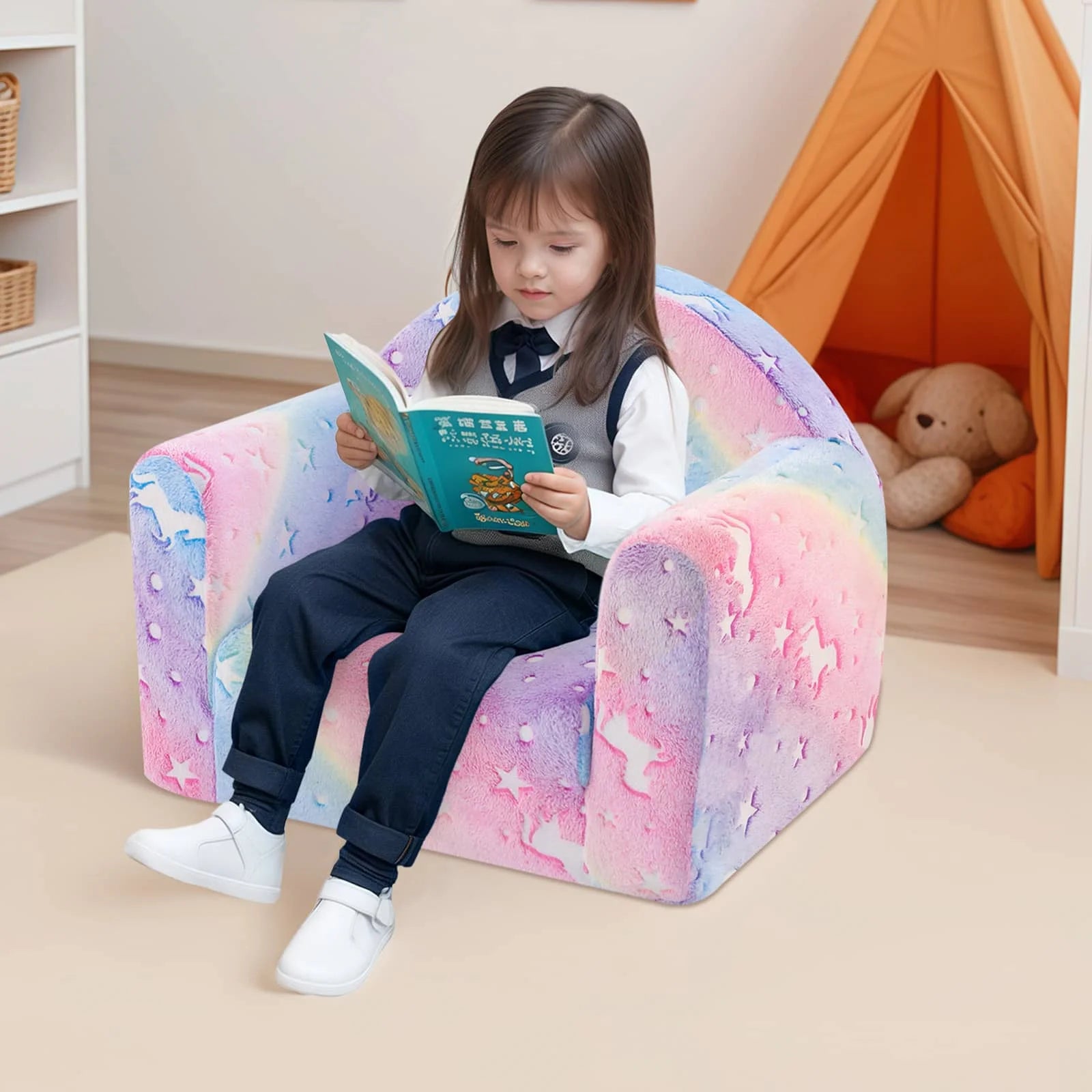 Girls Sitting Glowsofa Kids Fold Out Couch-Rainbow Reading