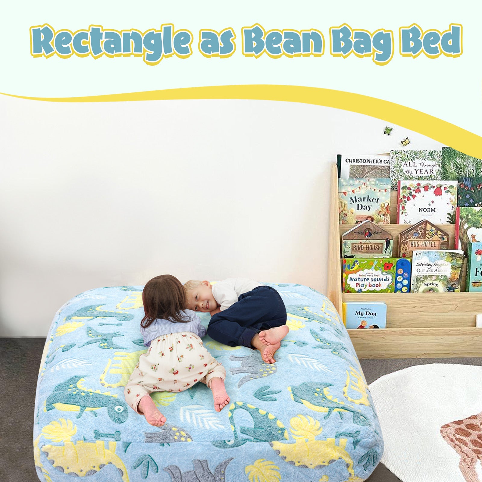 Two kids lying on Comax's Blue Dinosaurs Bean Bag Bed for kids