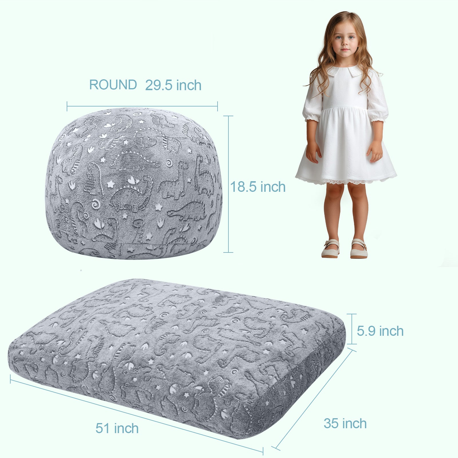 Comax's Glowing Dinosaurs Bean Bag Chair for kids measures 29.5 “D x 29.5 ‘W x 18.5 ’H. Unfolds into a bean bag bed that measures 51 ‘L x 35 ’W x 5.9 ”H.