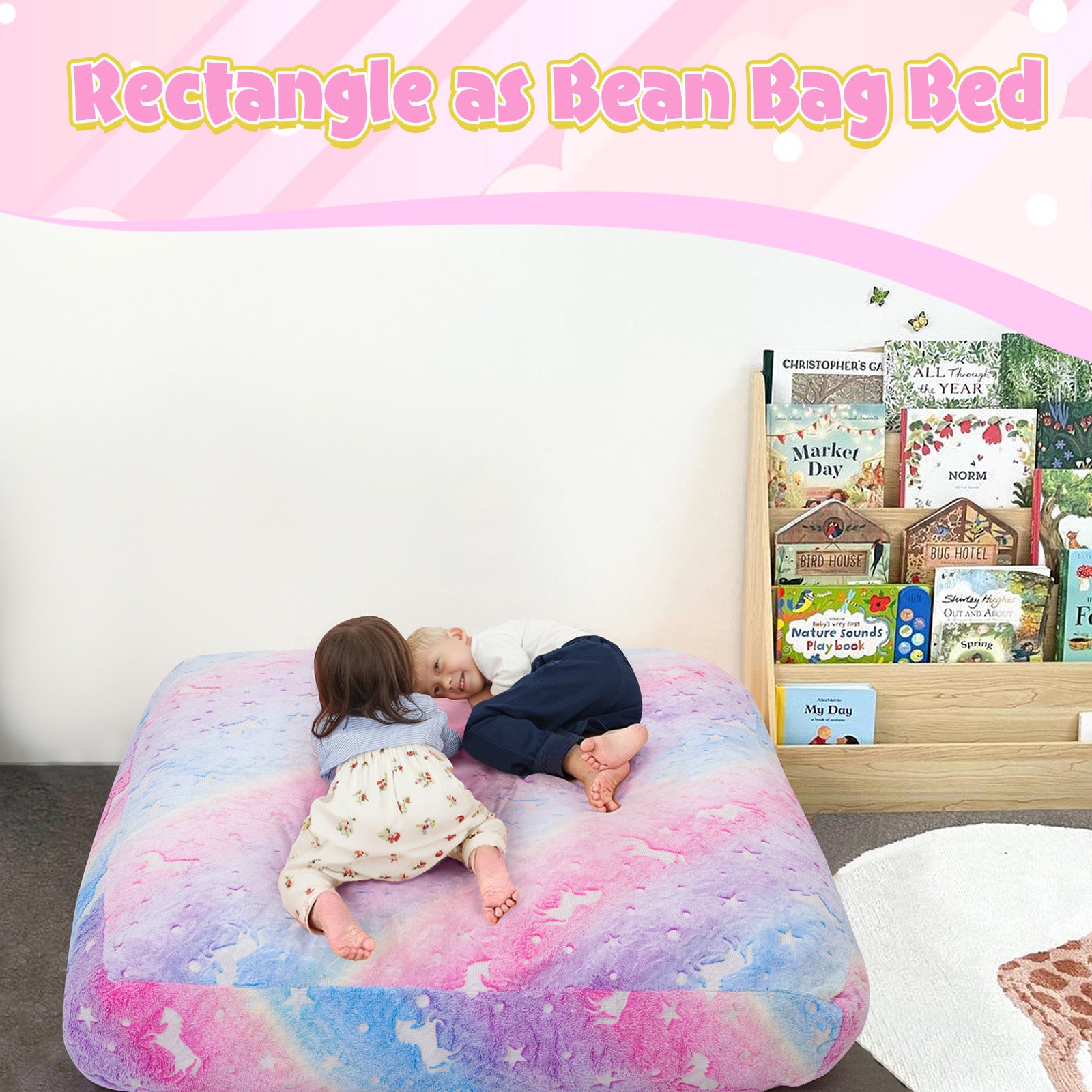 Two kids lying on Comax's Glowing Rainbow Bean Bag Bed for kids
