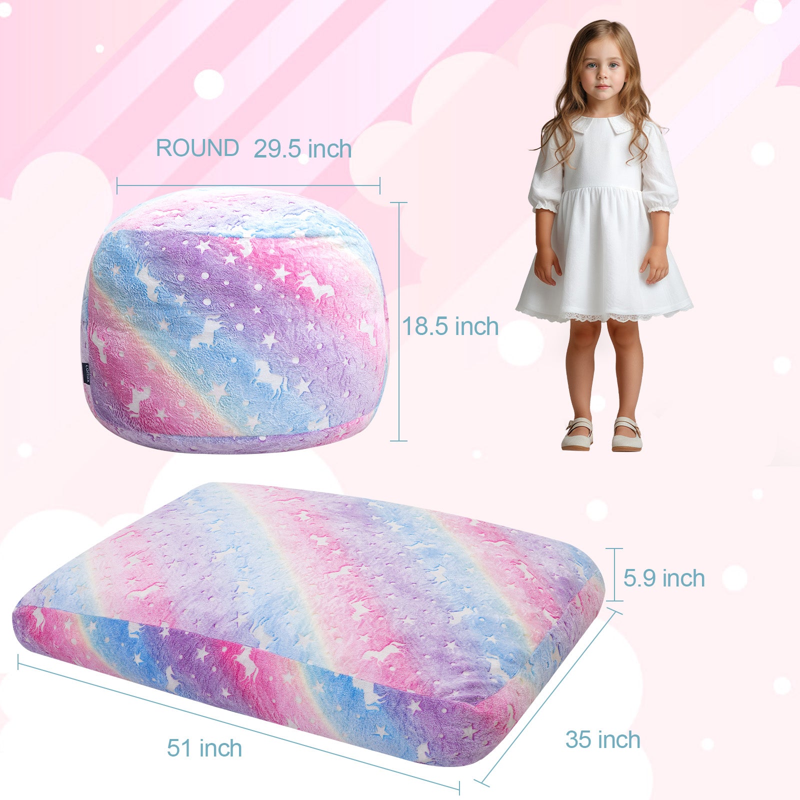 Comax's Glowing Rainbow Bean Bag Chair for kids measures 29.5 “D x 29.5 ‘W x 18.5 ’H. Unfolds into a bean bag bed that measures 51 ‘L x 35 ’W x 5.9 ”H.