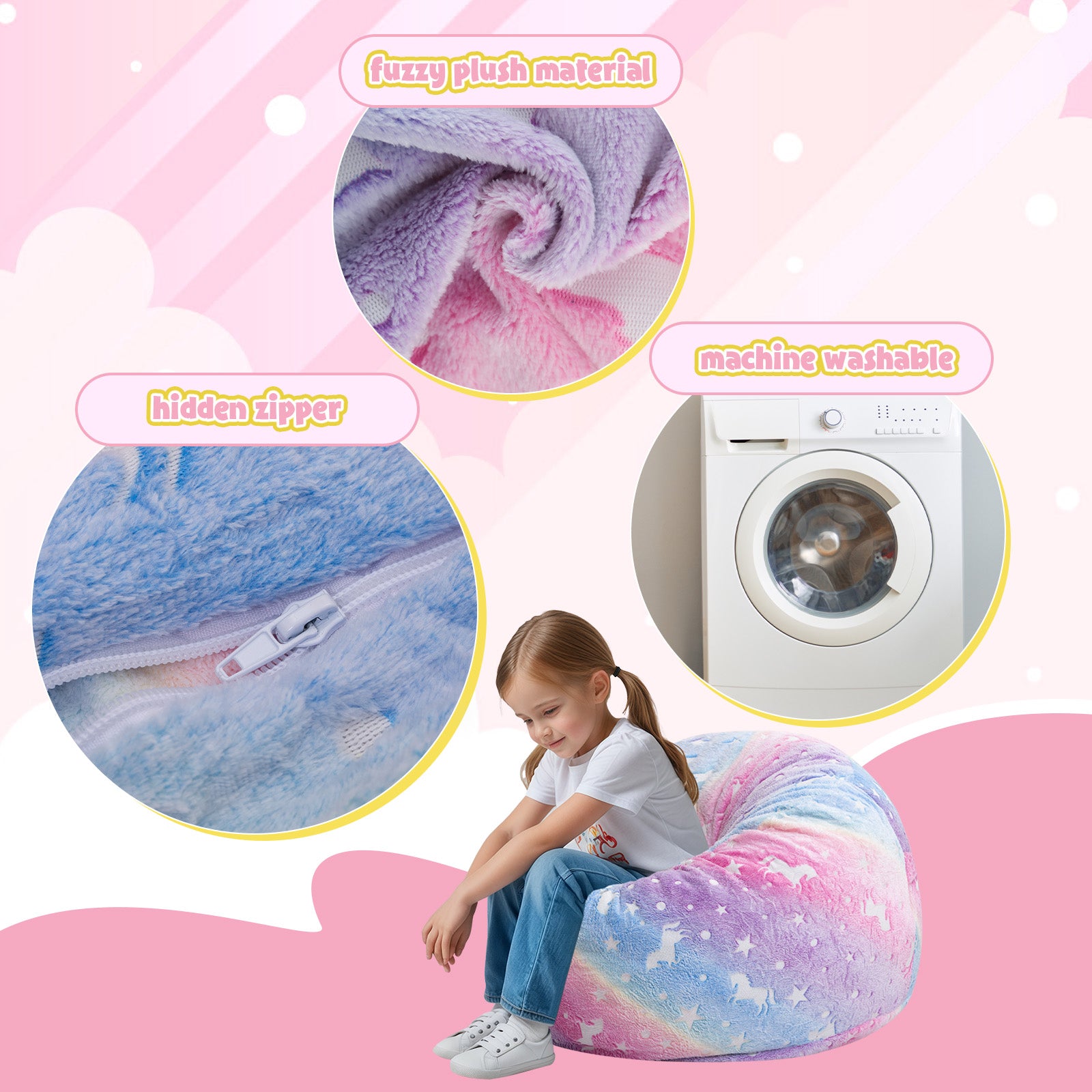 Comax's Glowing Rainbow Bean chair for kids has a hidden zipper, fuzzy plush material, and machine washable cover.