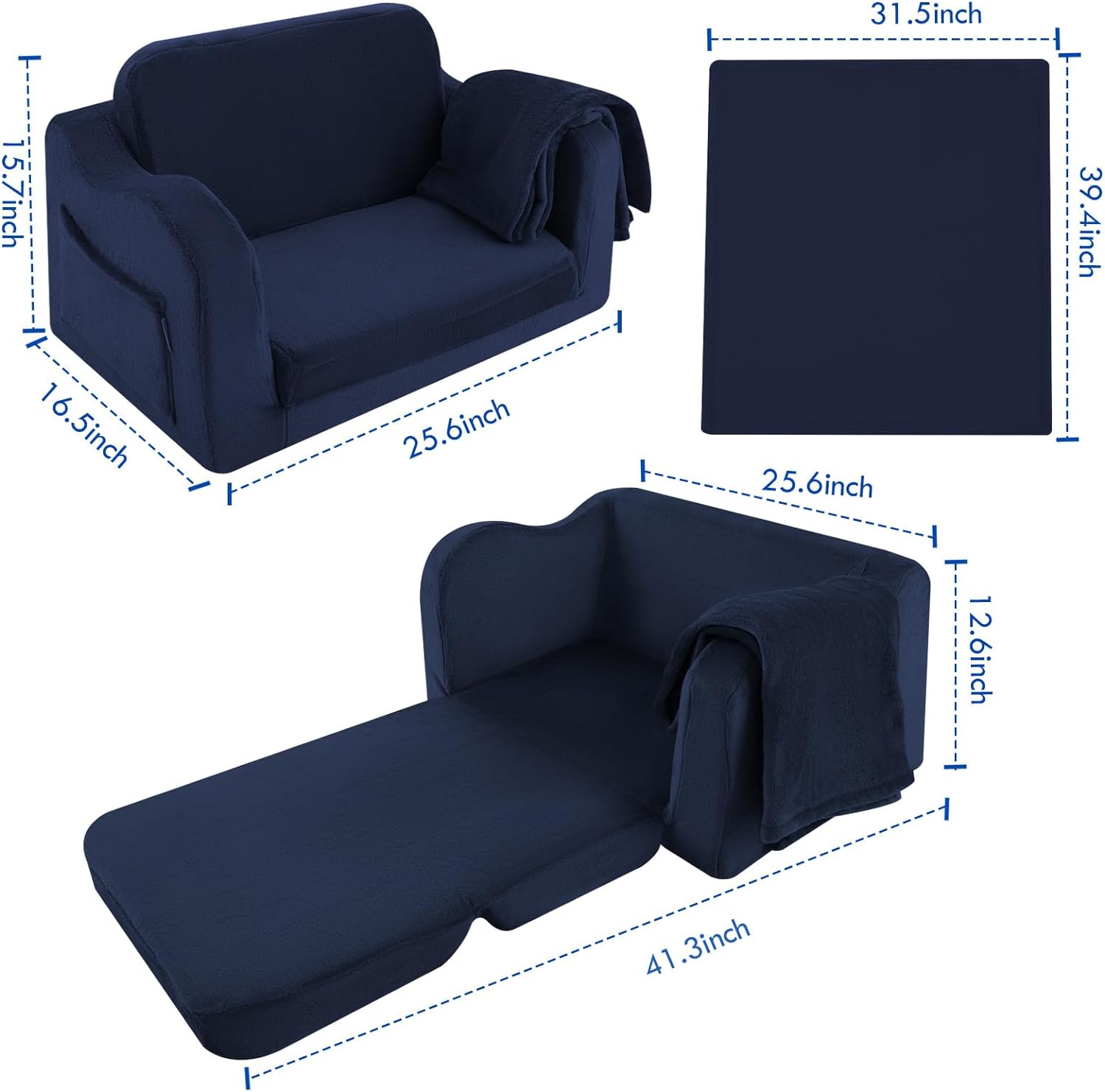Glowsofa's Navy Children's Fold Out Sofa has a Seat Depth of 13 inches, a Seat Height of 11.5 Inches, and Product Dimensions of 16.5 “D x 25.6 ‘W x 15.7 ’H!