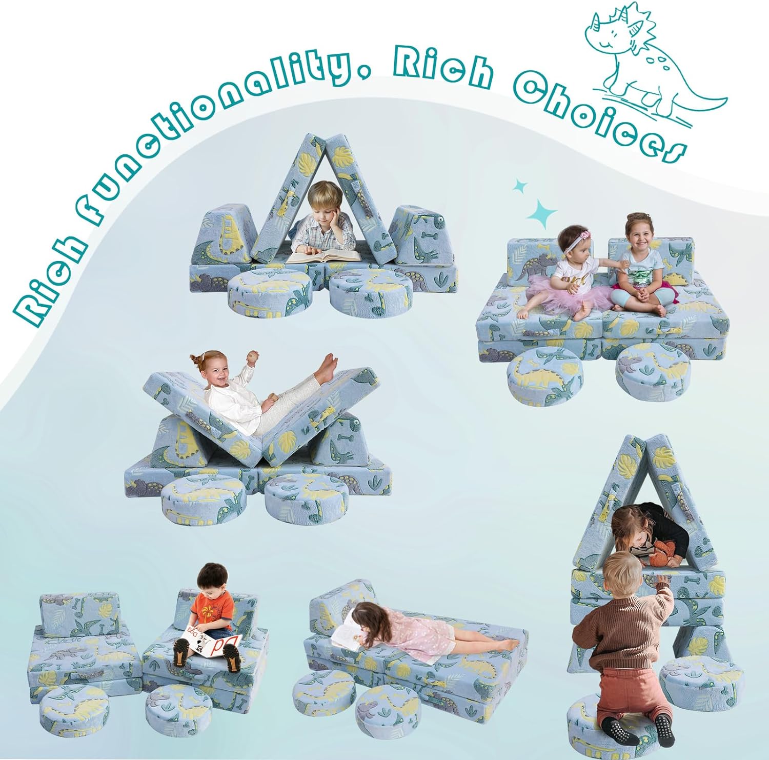 Kids play on different couches built with Glowsofa's Blue Dinosaur 8 pieces kids play couch