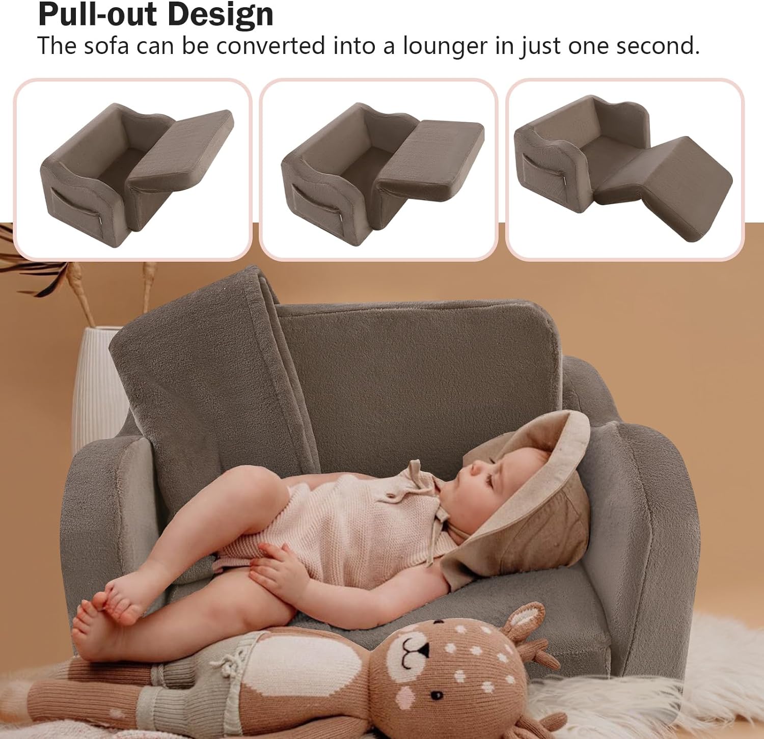 Baby lying on Glowsofa's Brown Children's Fold Out Sofa
