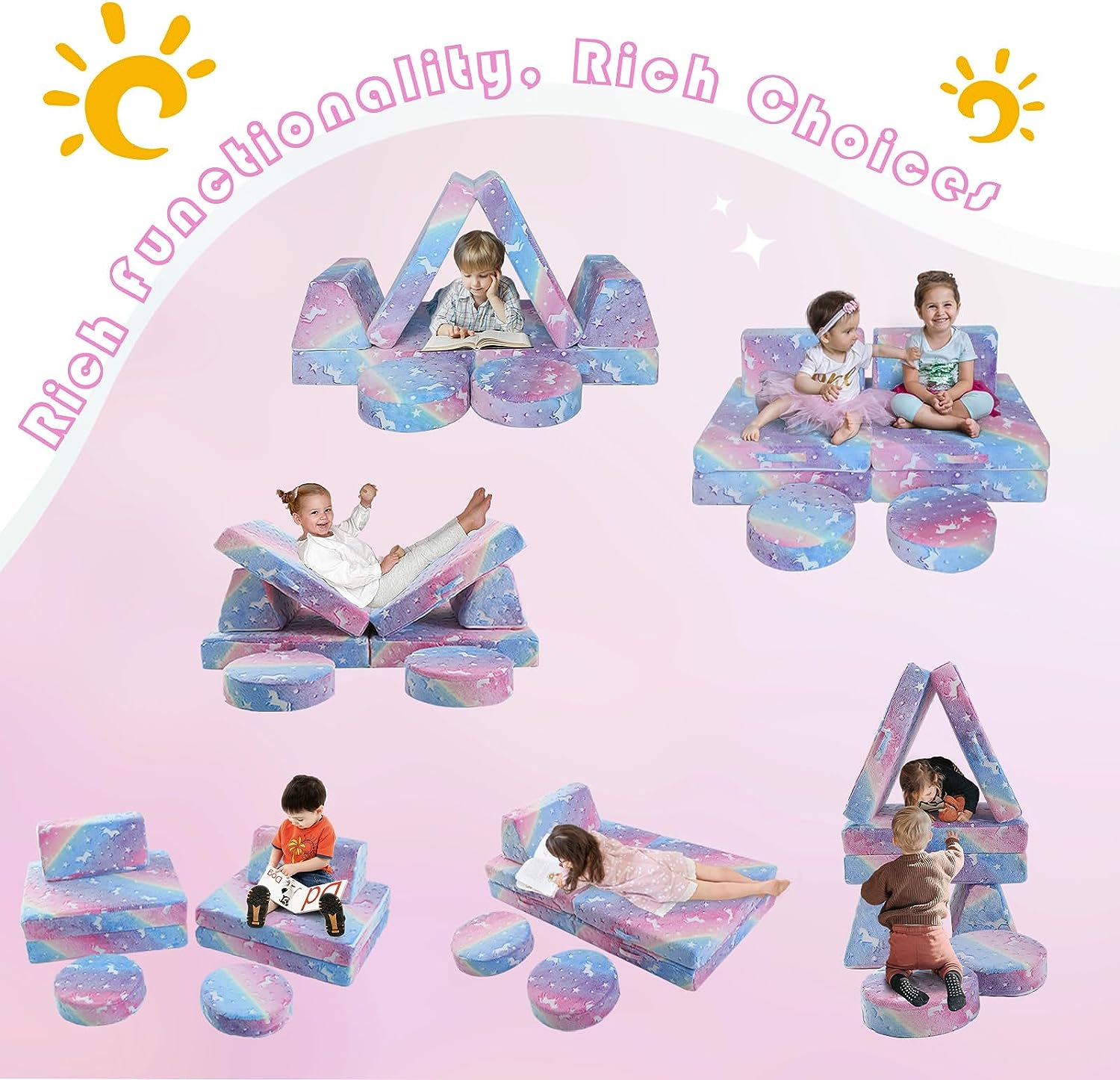 Kids play on different couches built with Glowsofa's Rainbow 8 pieces kids play couch