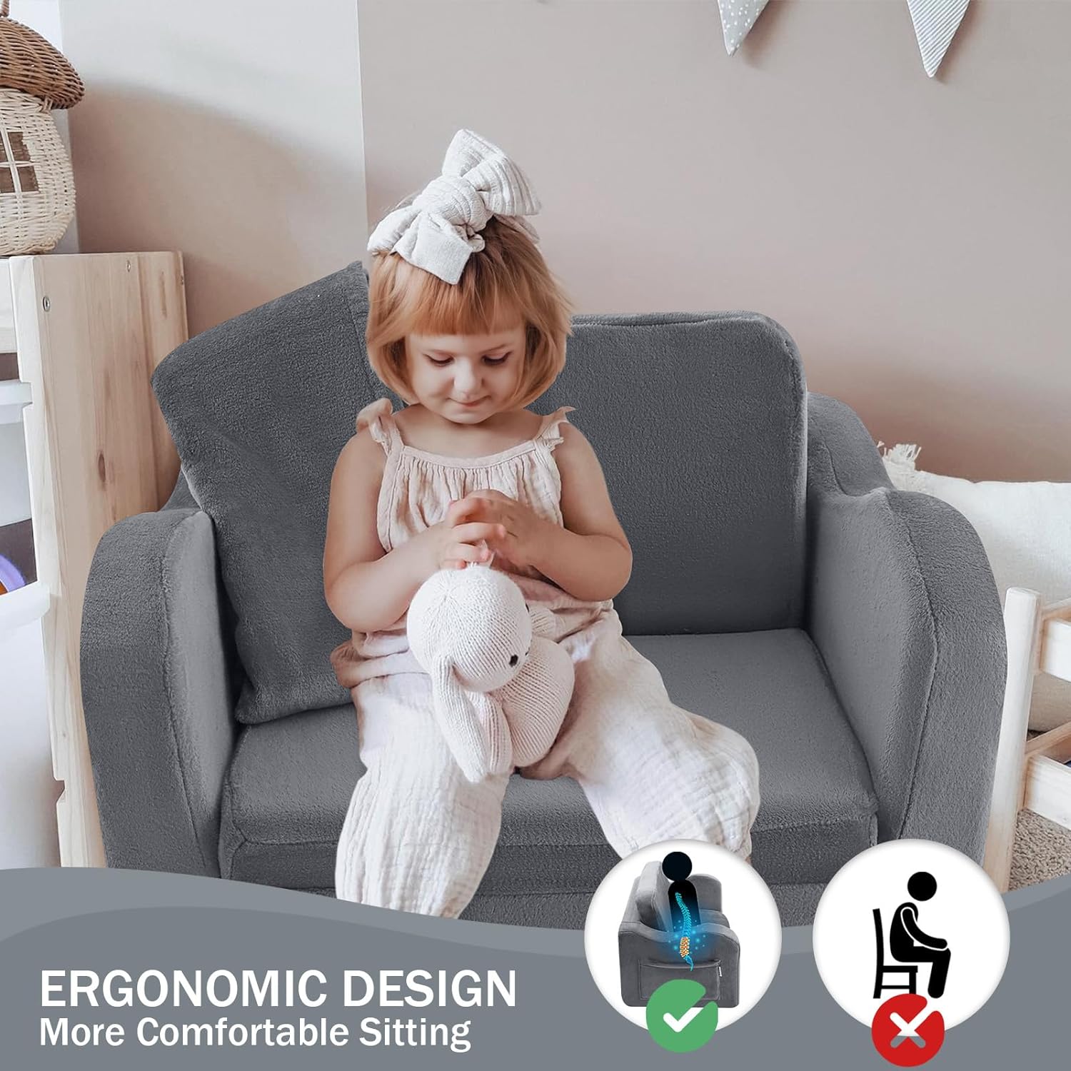 Girl sitting on Glowsofa's Grey Children's Fold Out Sofa