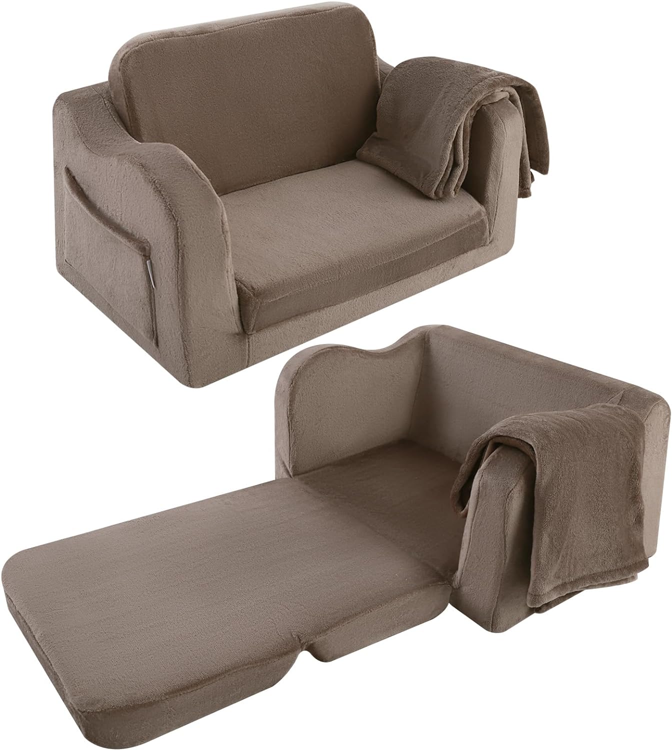 Glowsofa's Brown Children's Fold Out Sofa with Blanket Folded and Unfolded Status