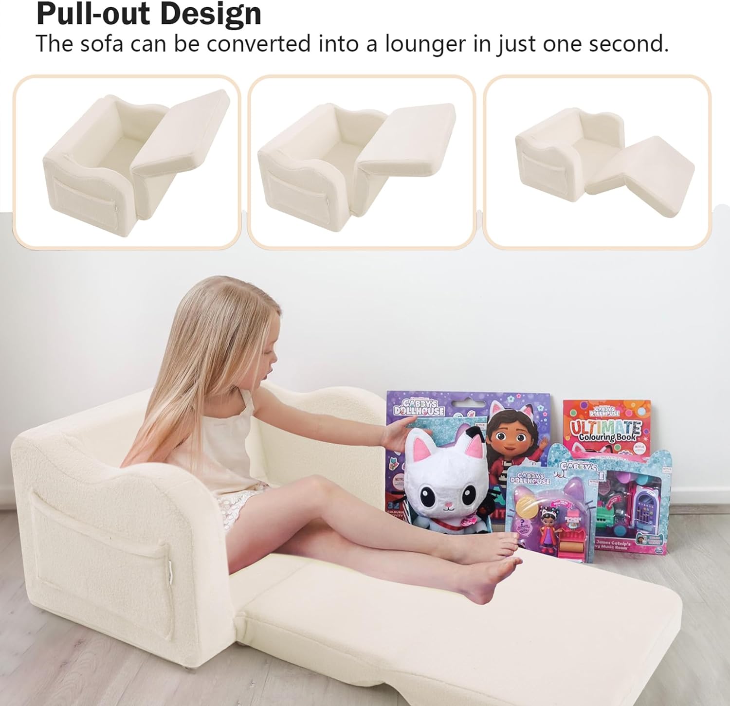 Girl sitting on unfolded Glowsofa's Cream Children's Fold Out Sofa