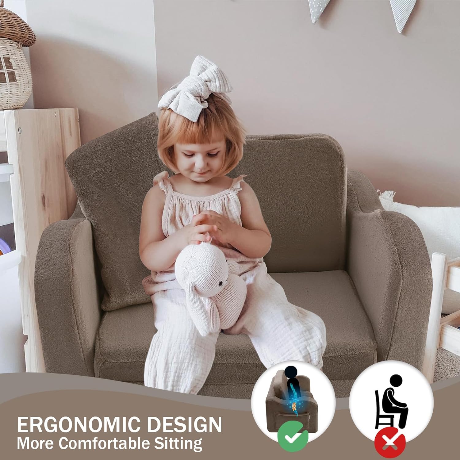 Girl sitting on Glowsofa's Grey Children's Fold Out Sofa